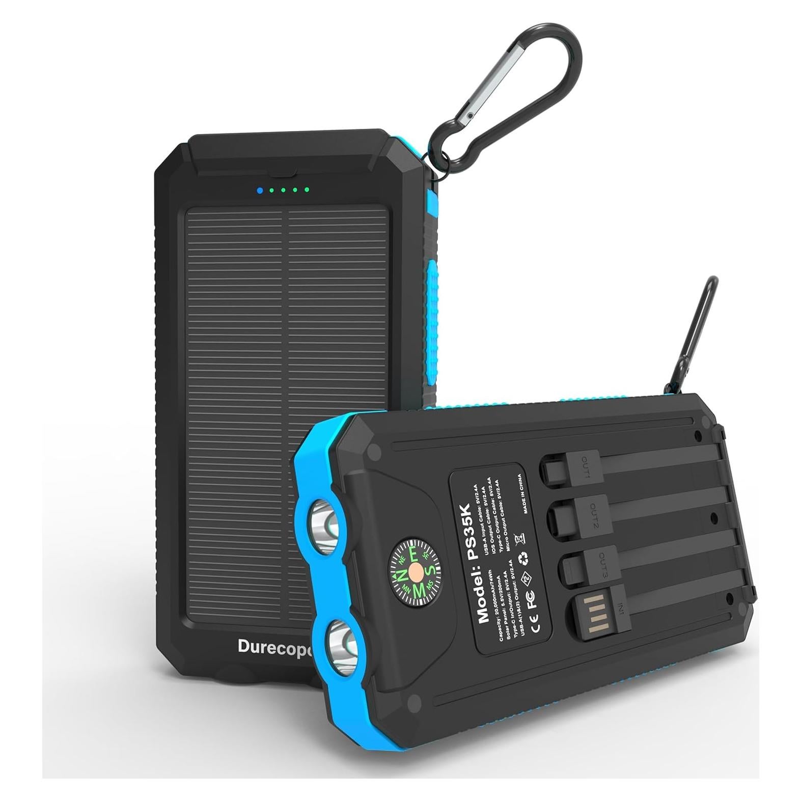 Banco de Energía Solar 20,000mAh Durecopow con 4 Cables y 3 Puertos