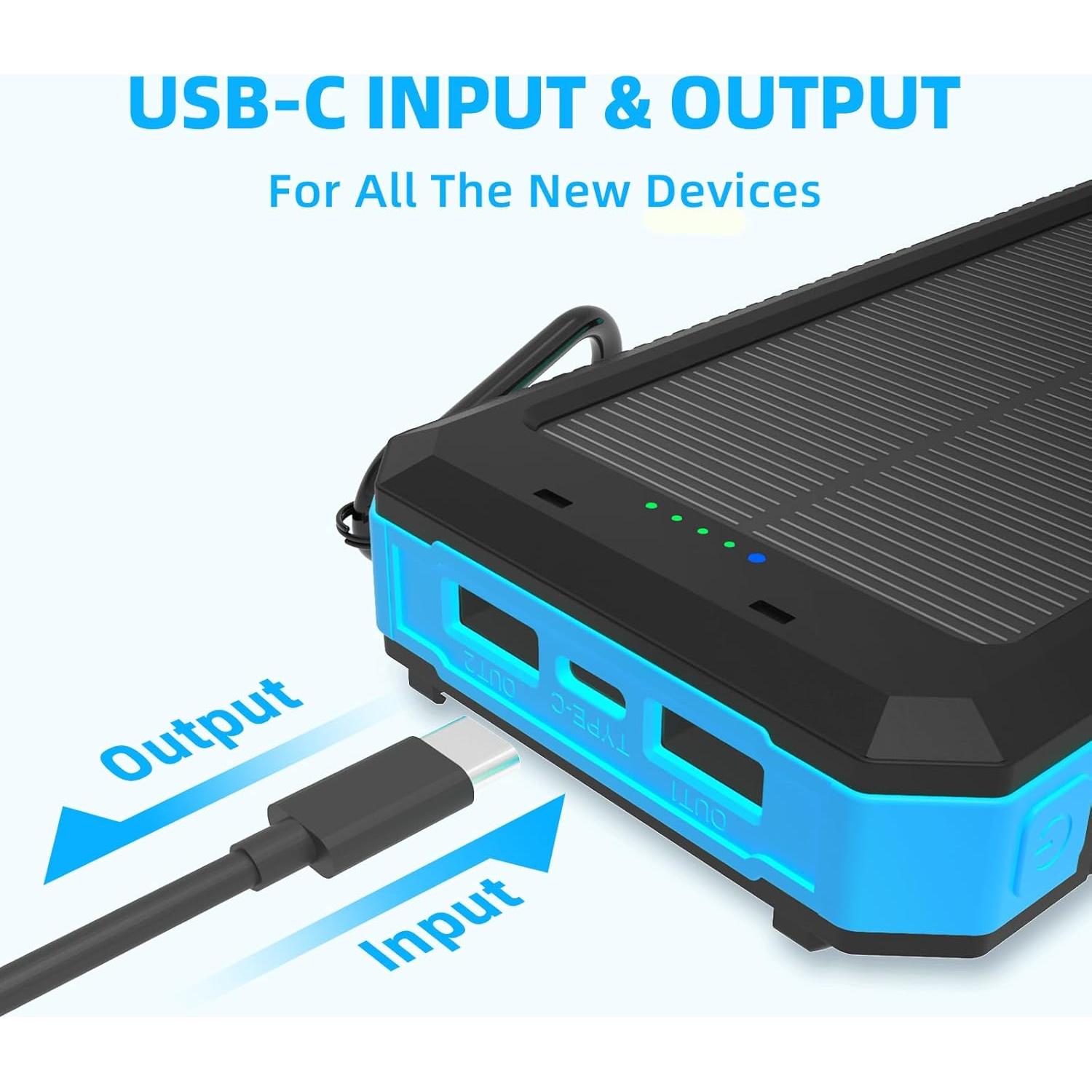 Banco de Energía Solar 20,000mAh Durecopow con 4 Cables y 3 Puertos