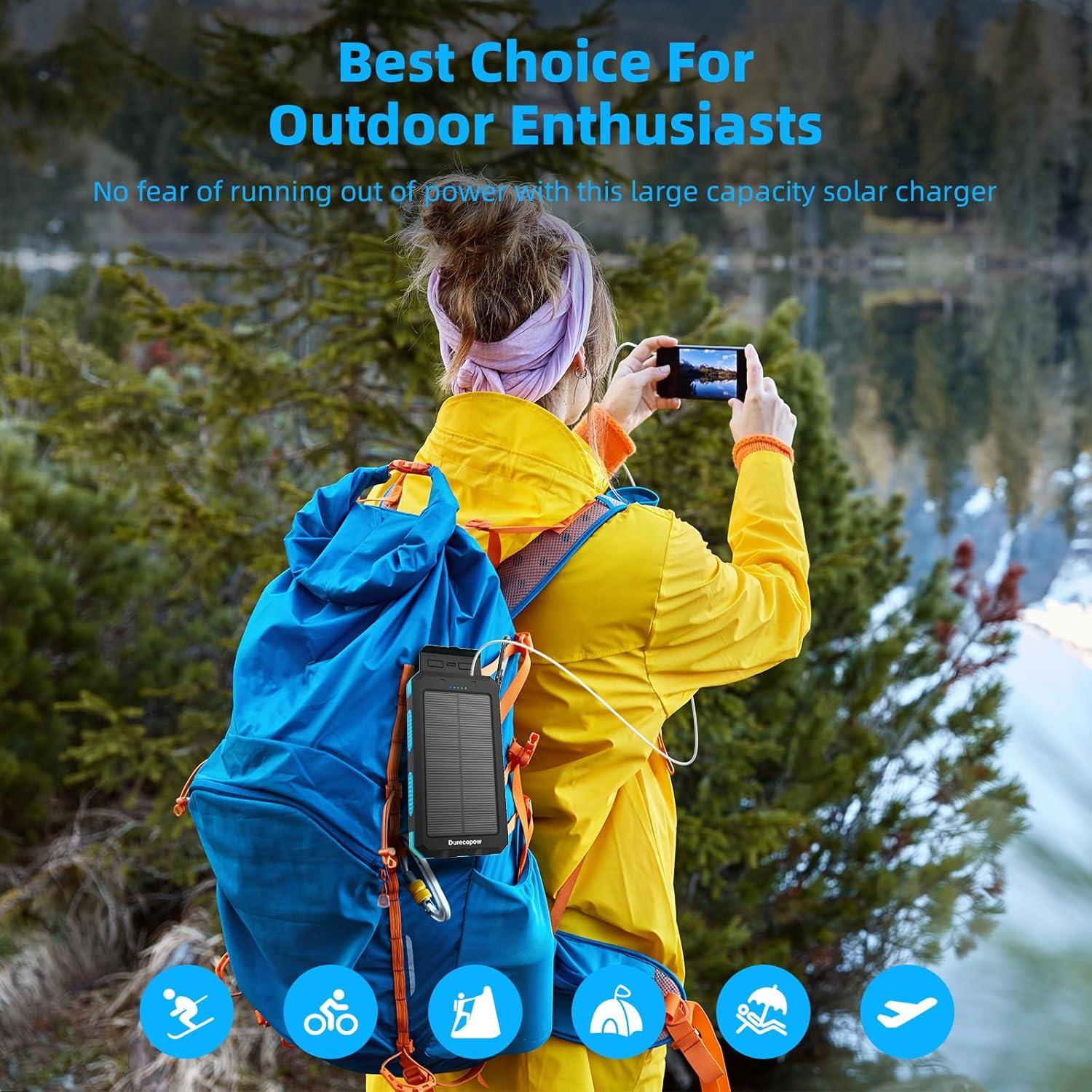 Banco de Energía Solar 20,000mAh Durecopow con 4 Cables y 3 Puertos