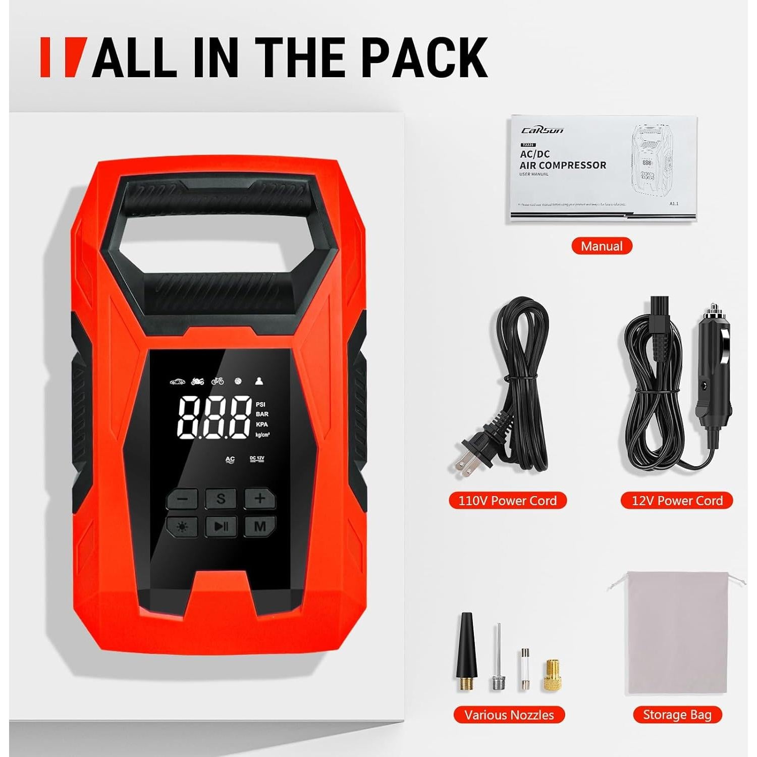 Compresor de Aire Portátil CARSUN T2221-Y 150 PSI Doble Alimentación