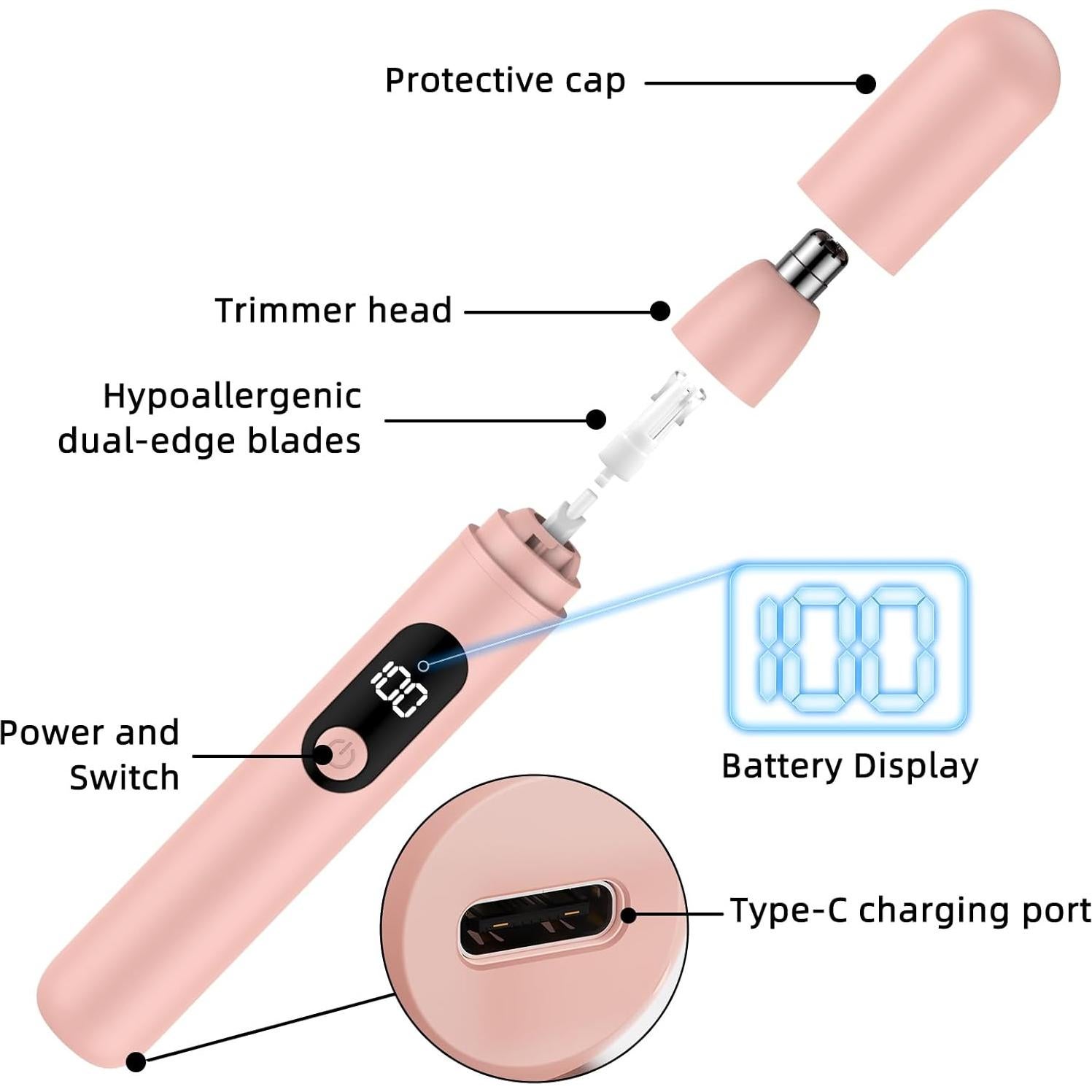 Recortador de Vello Nasal Inalámbrico Recargable Rosa - Indoloro