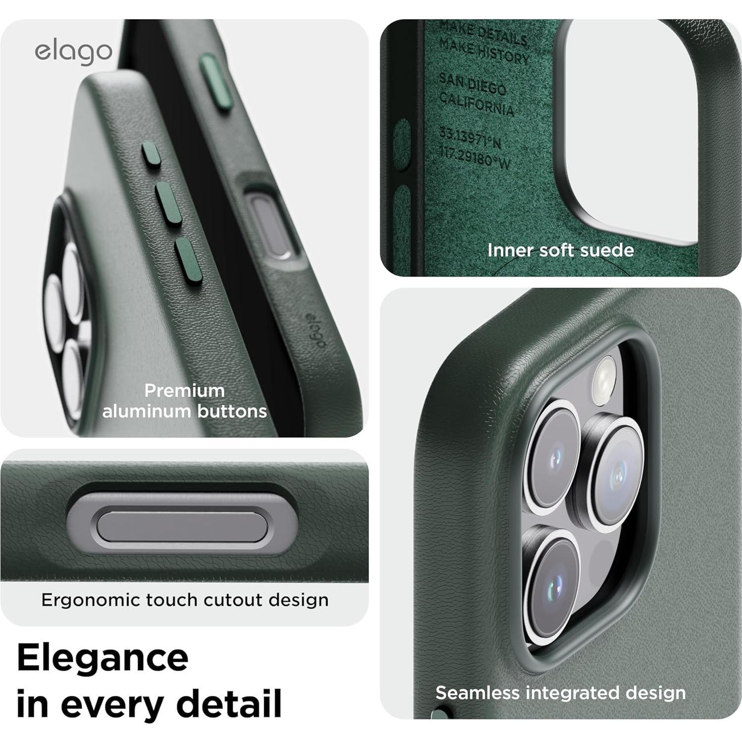 Funda Magnética de Cuero Vegano elago para iPhone 16 Pro - Verde Medianoche