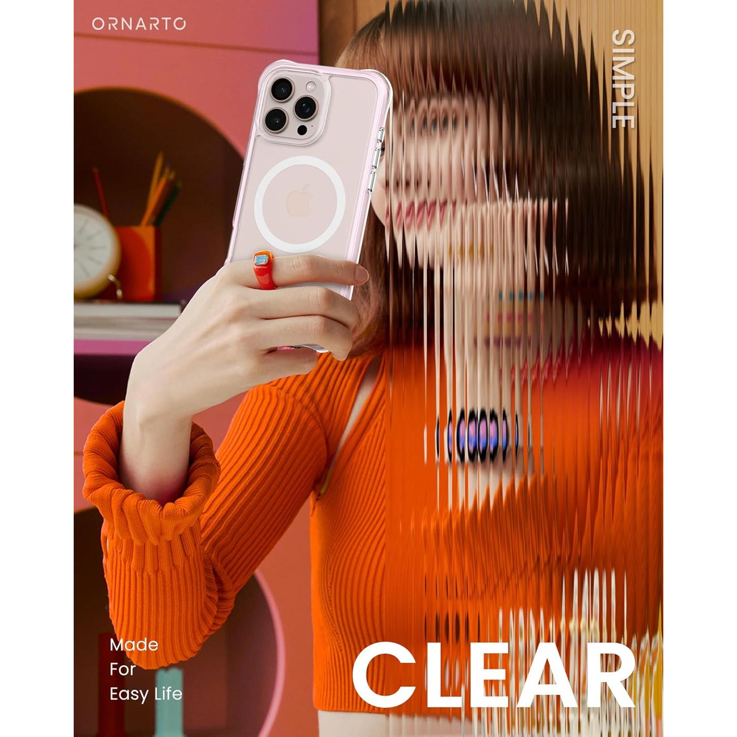 Funda Transparente ORNARTO para iPhone 16 Pro Max Rosa, Protección Militar