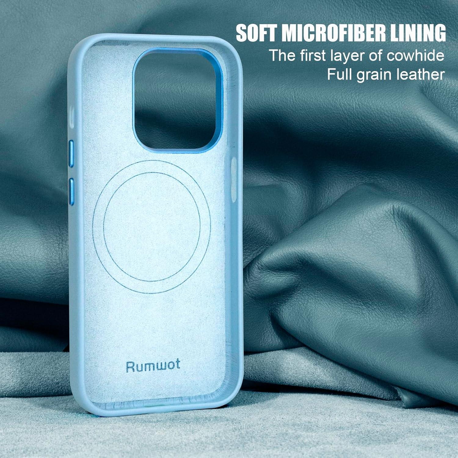Funda de Cuero Genuino Rumwot para iPhone 14 Pro Max Azul