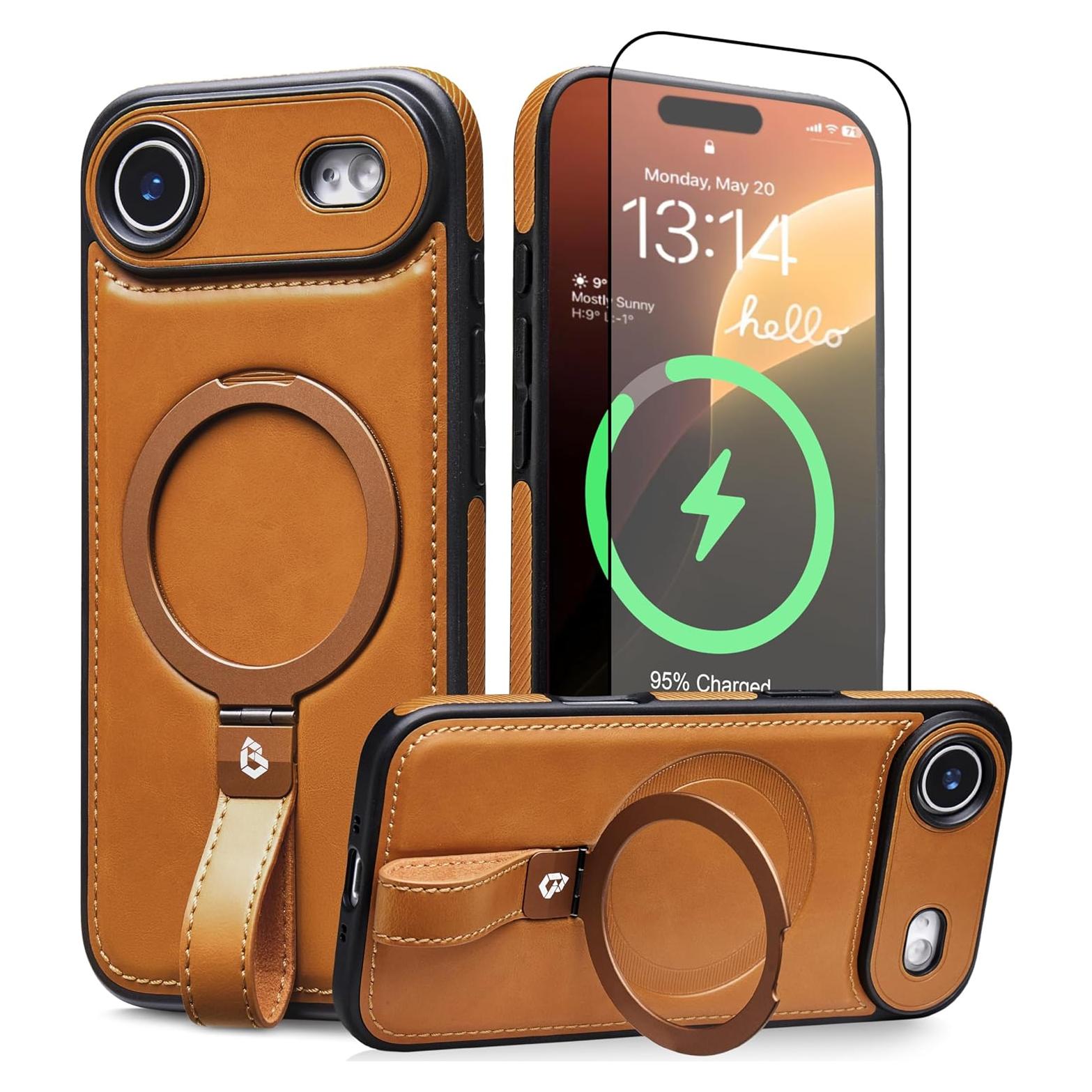 Funda de cuero marrón para iPhone Air con soporte magnético