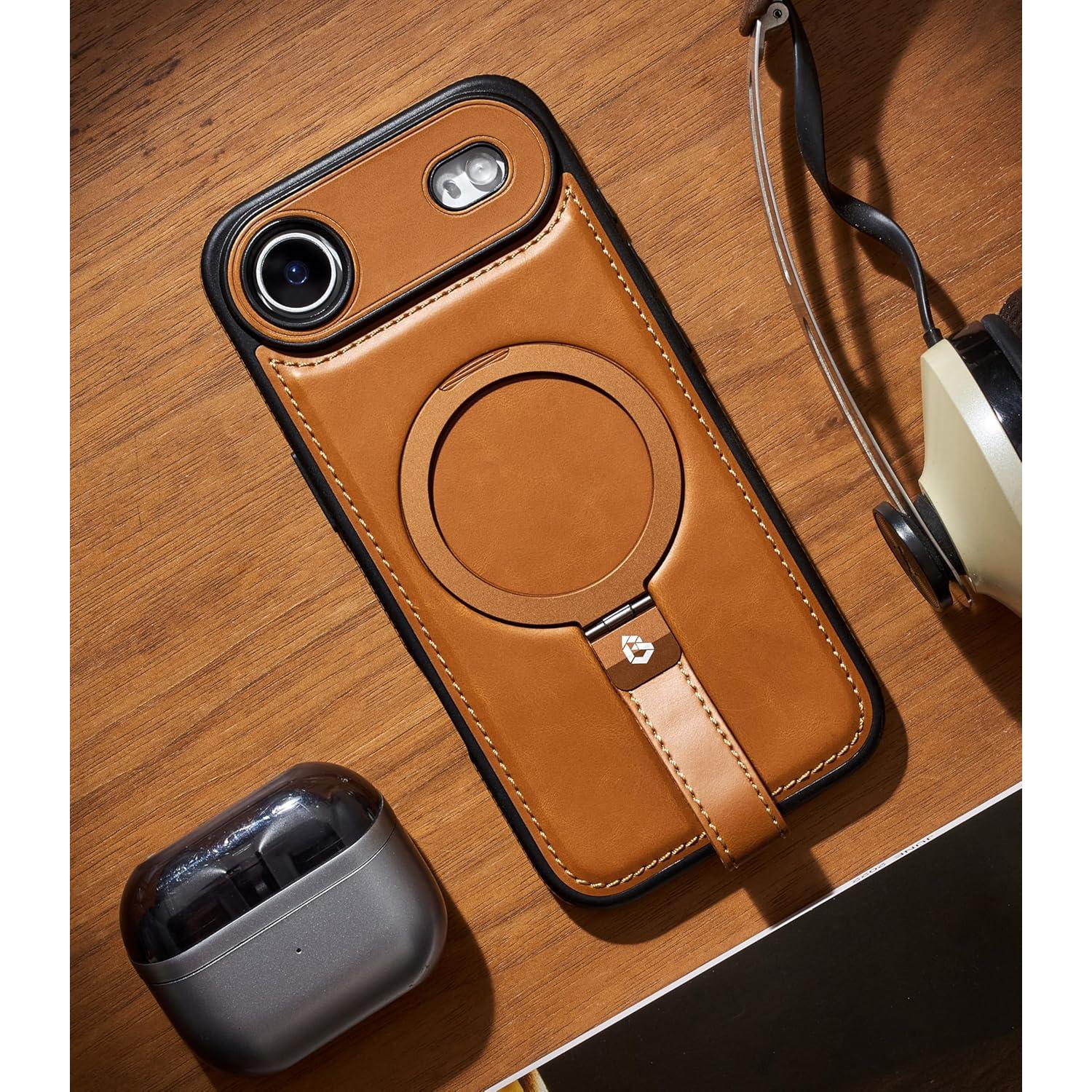 Funda de cuero marrón para iPhone Air con soporte magnético
