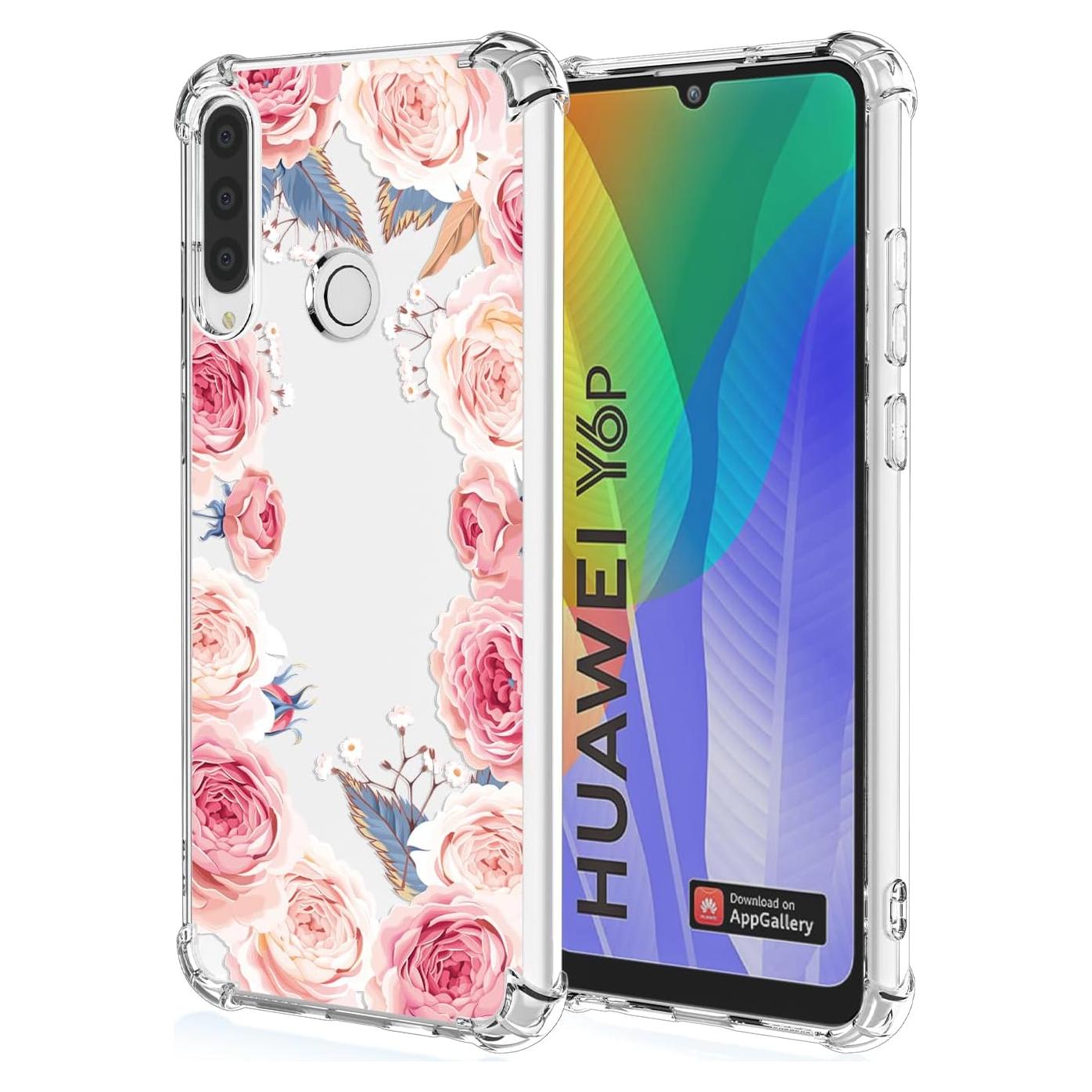 Funda TPU Floral Rosa Huawei Y6P, Protección Antigolpes