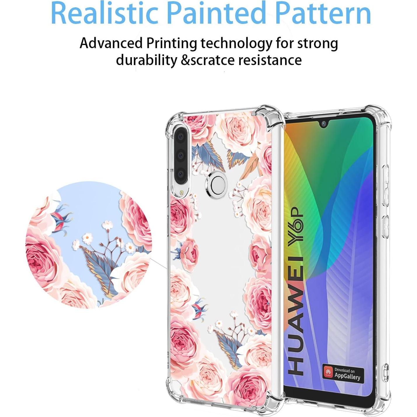 Funda TPU Floral Rosa Huawei Y6P, Protección Antigolpes