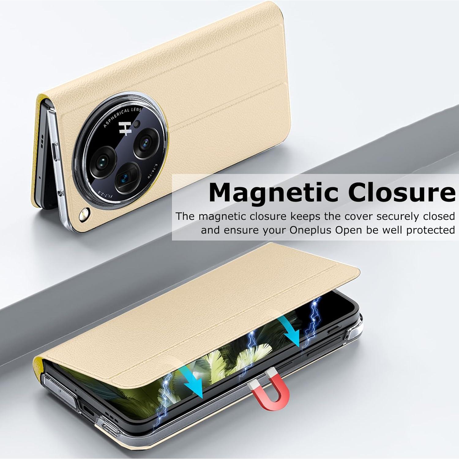 Funda de Cuero PU para OnePlus Open YQODSZ Dorado con Cierre Magnético