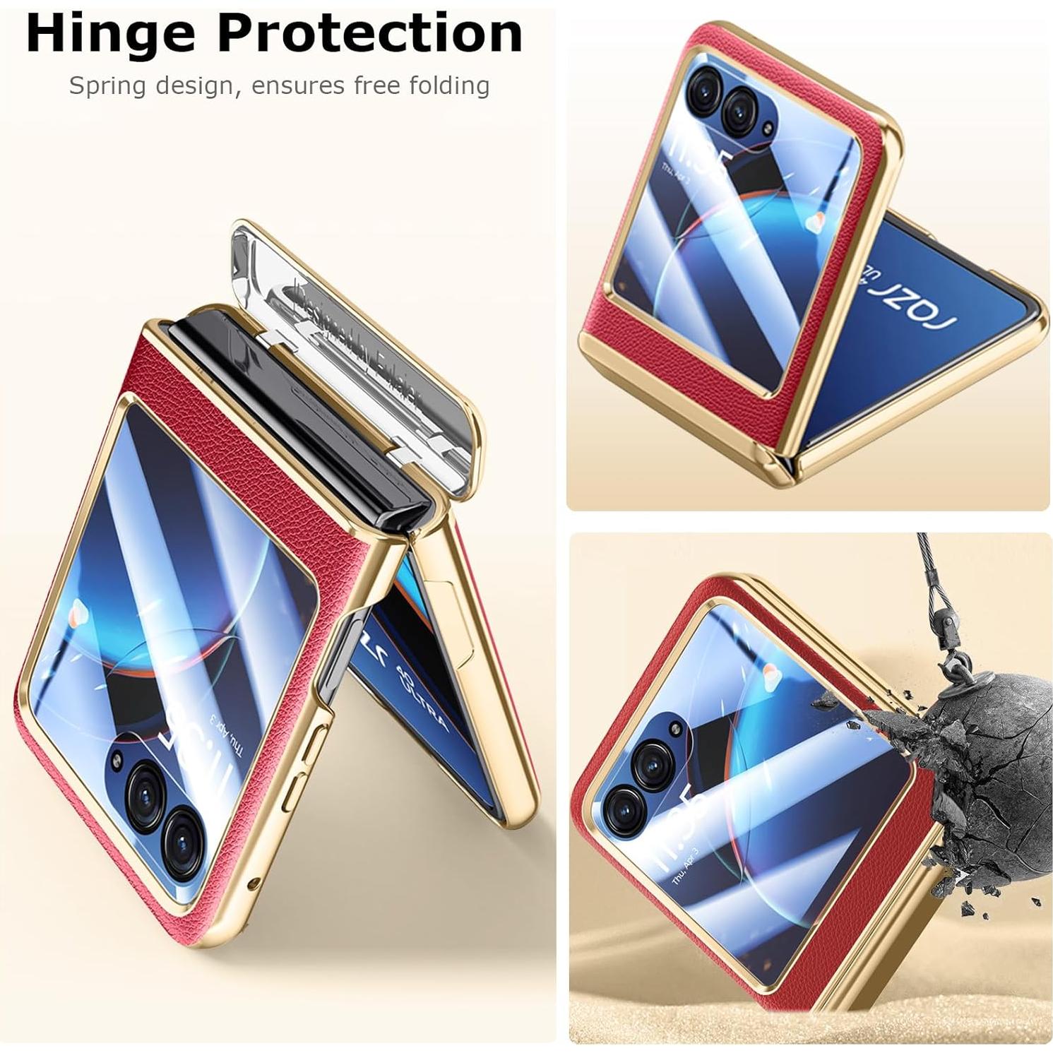 Funda de Cuero PU para Motorola Razr+ 2023 con Protector Rojo