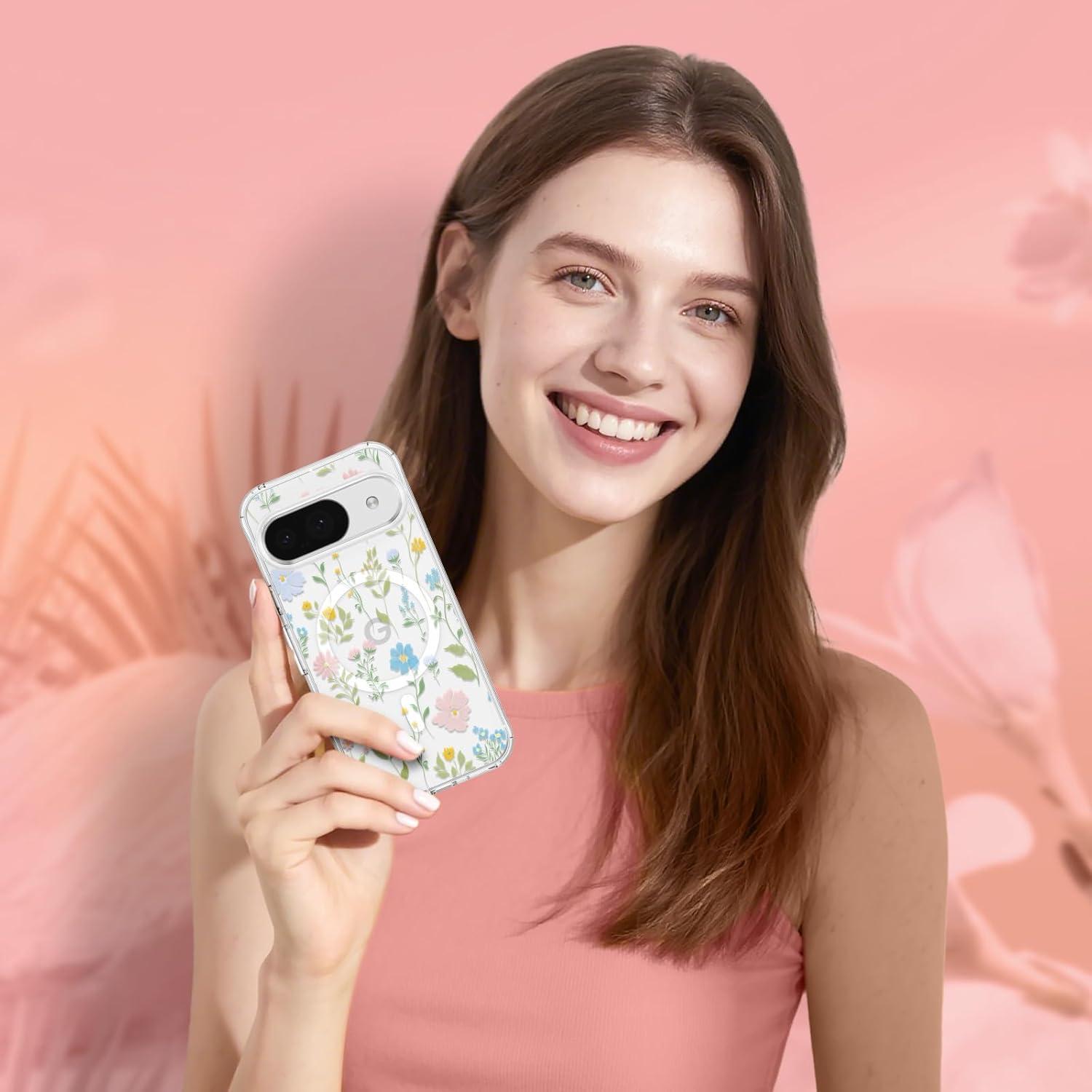 Funda Floral RALEAVO para Google Pixel 10/10 Pro MagSafe Transparente