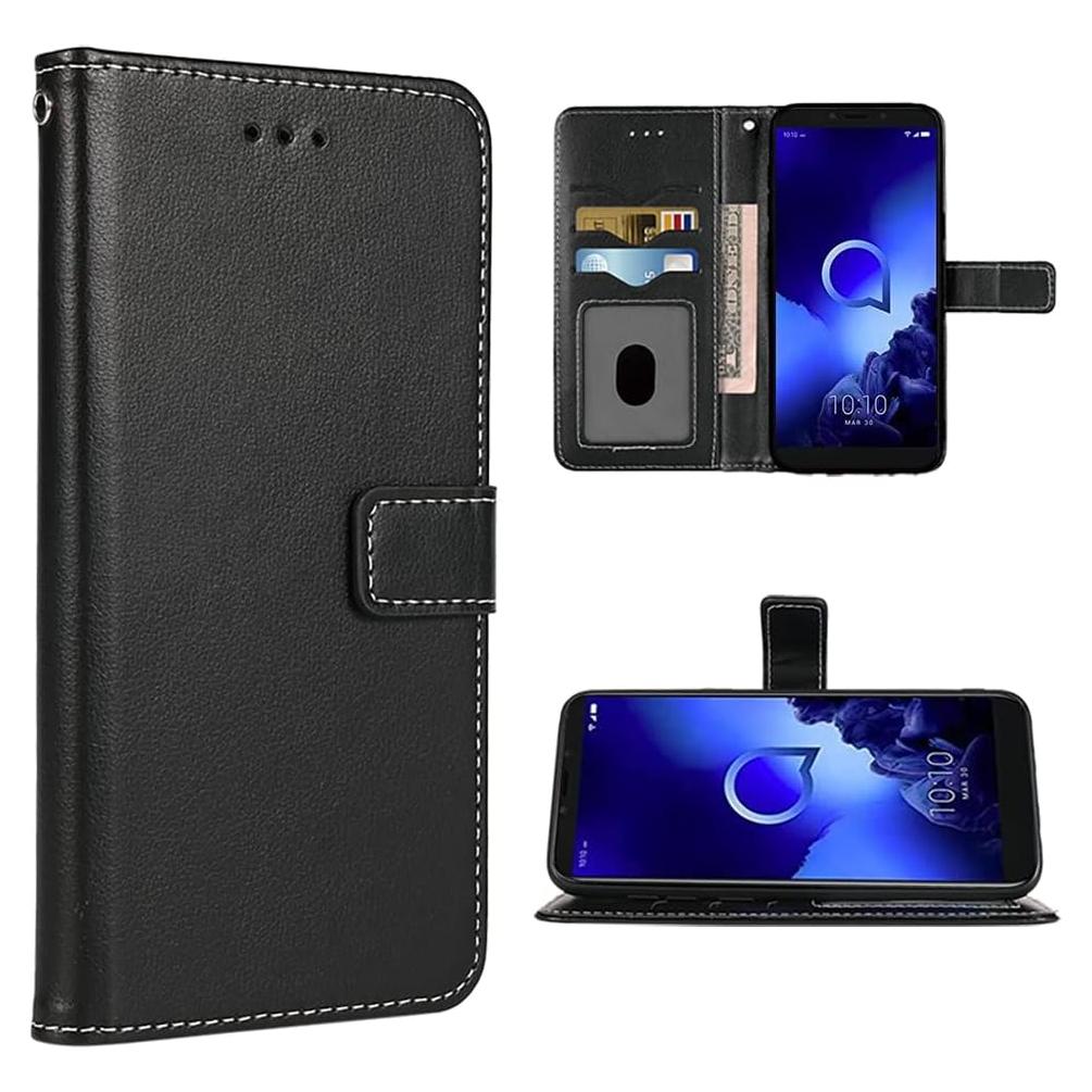 Funda Cartera de Cuero para Alcatel 1S 2019 - Negro