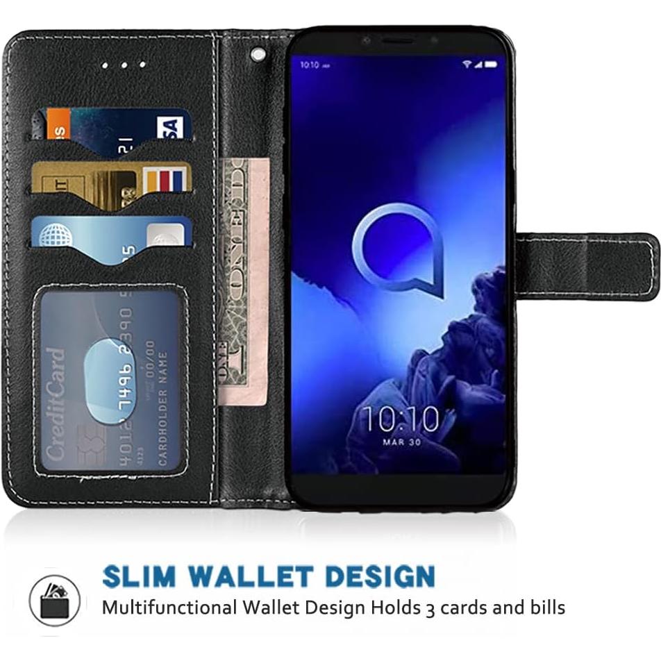 Funda Cartera de Cuero para Alcatel 1S 2019 - Negro