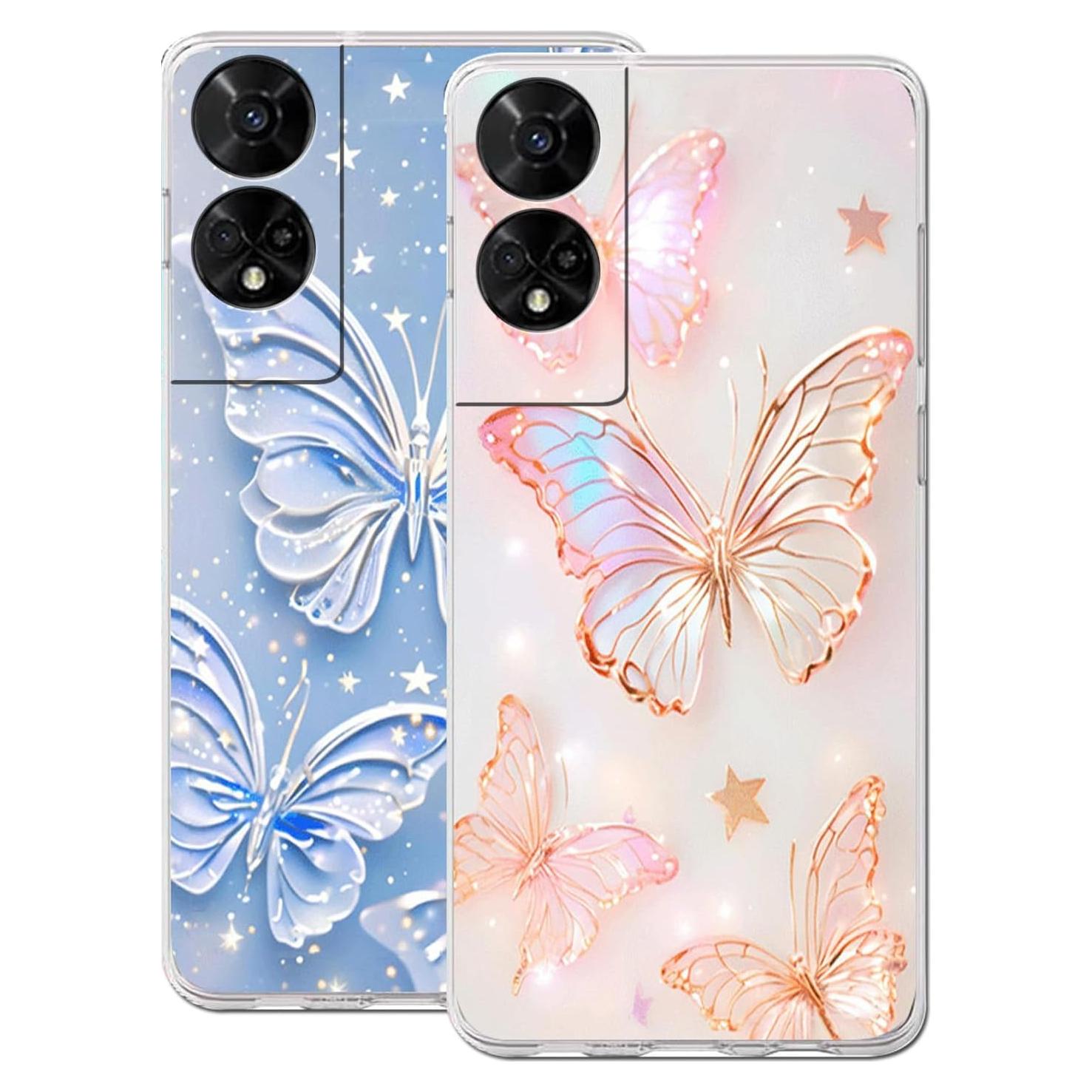 Funda TPU B-wishy 2 Pcs Mariposa para TCL 50 XE 5G Rosa