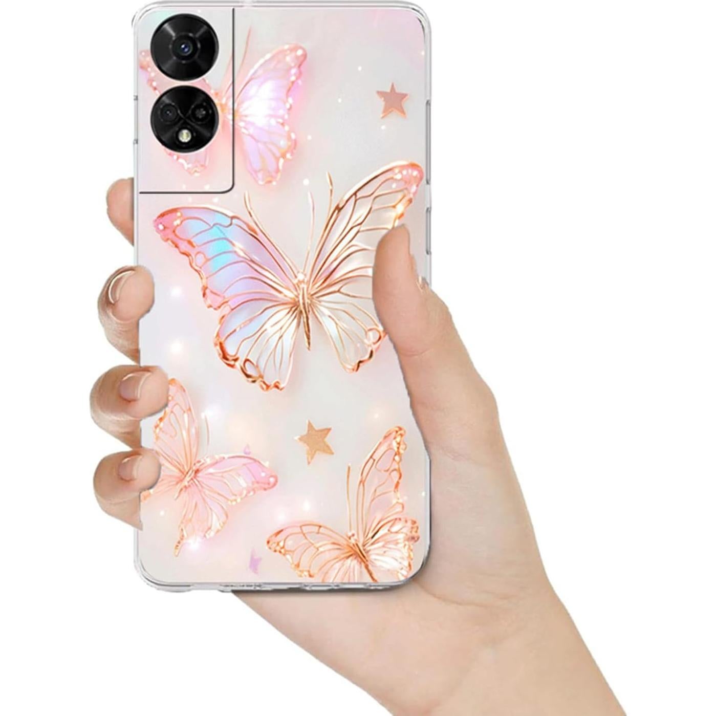 Funda TPU B-wishy 2 Pcs Mariposa para TCL 50 XE 5G Rosa