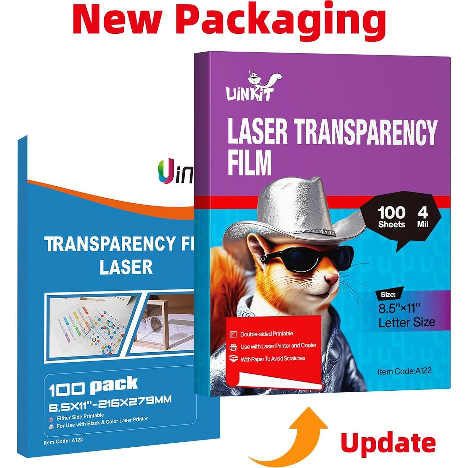 Película de Transparencia Láser Uinkit 100 Hojas A4 21.6x27.9 cm