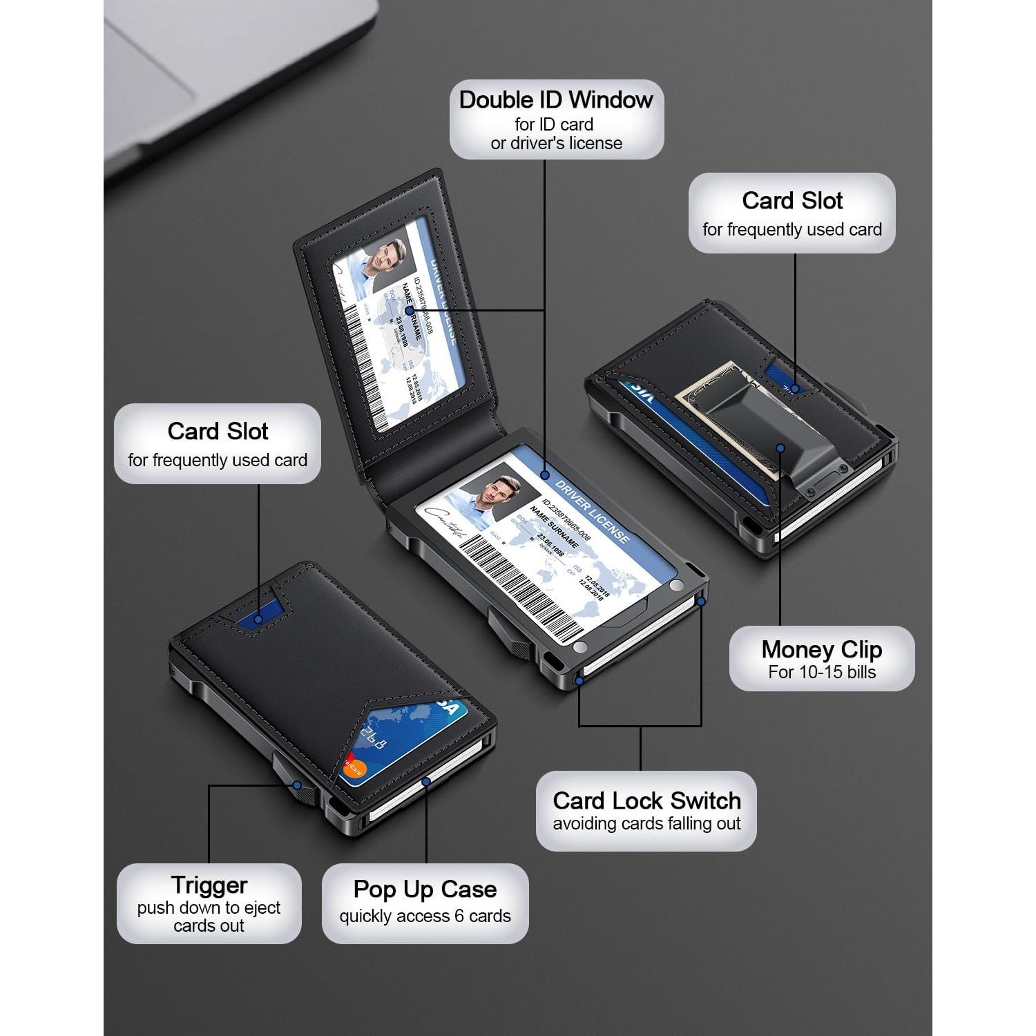 Billetera Minimalista Kafellon RFID con 2 Ventanas ID y Clip