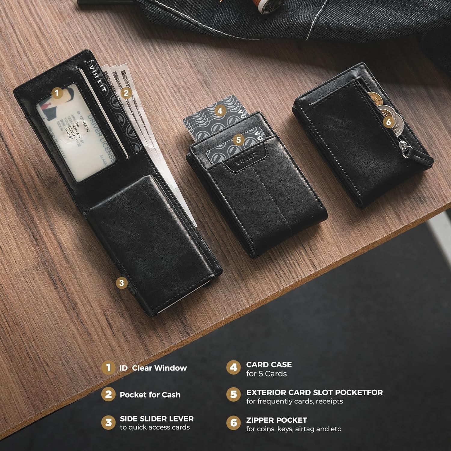 Billetera Minimalista VULKIT Negra de Cuero y Aluminio RFID