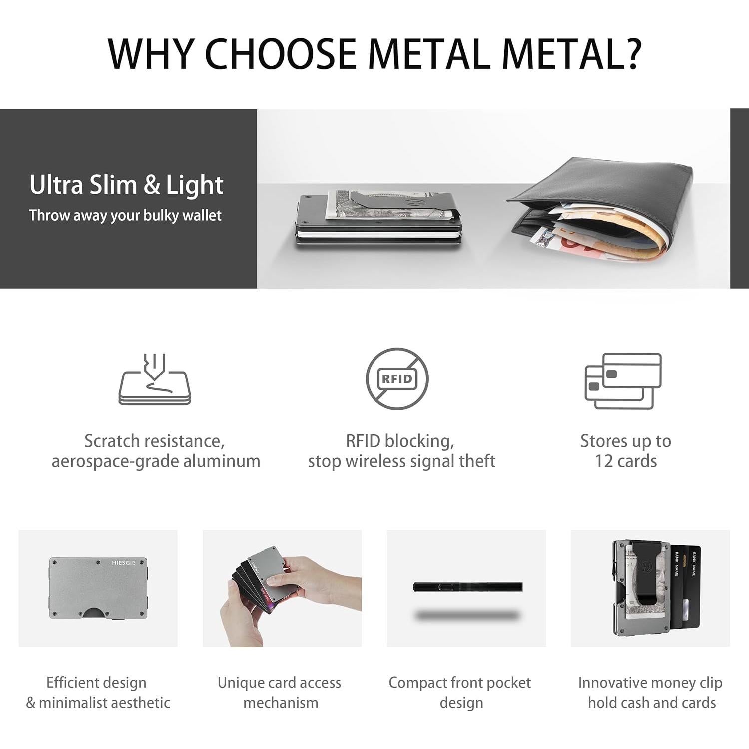 Billetera Metálica Minimalista Hiesgie con Bloqueo RFID - Gris Gunmetal