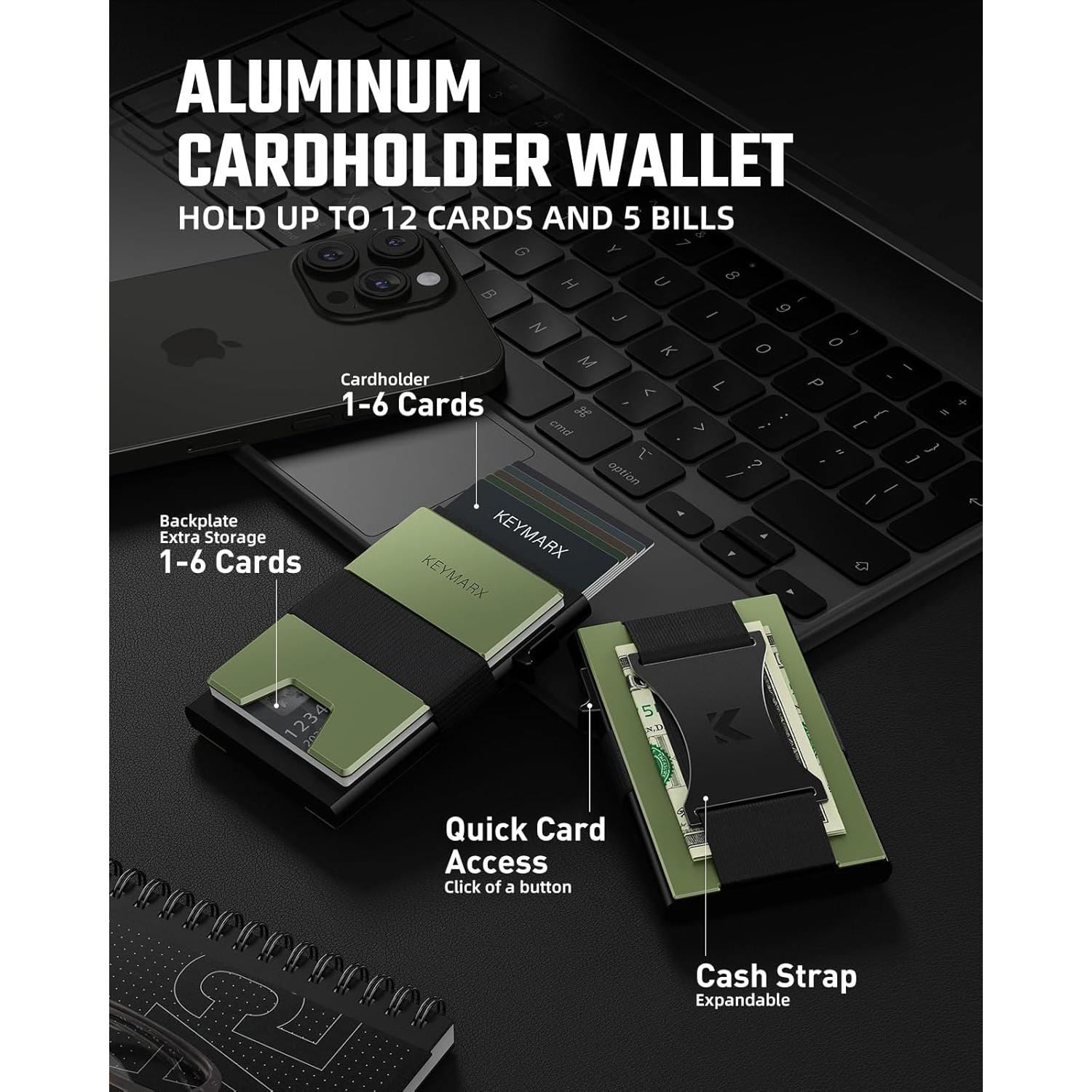 Billetera Minimalista de Metal Keymarx Verde Militar con Bloqueo RFID