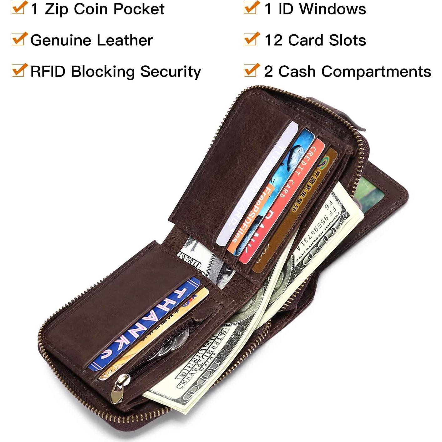 Cartera de Cuero Genuino GOIACII con Cremallera y Bloqueo RFID