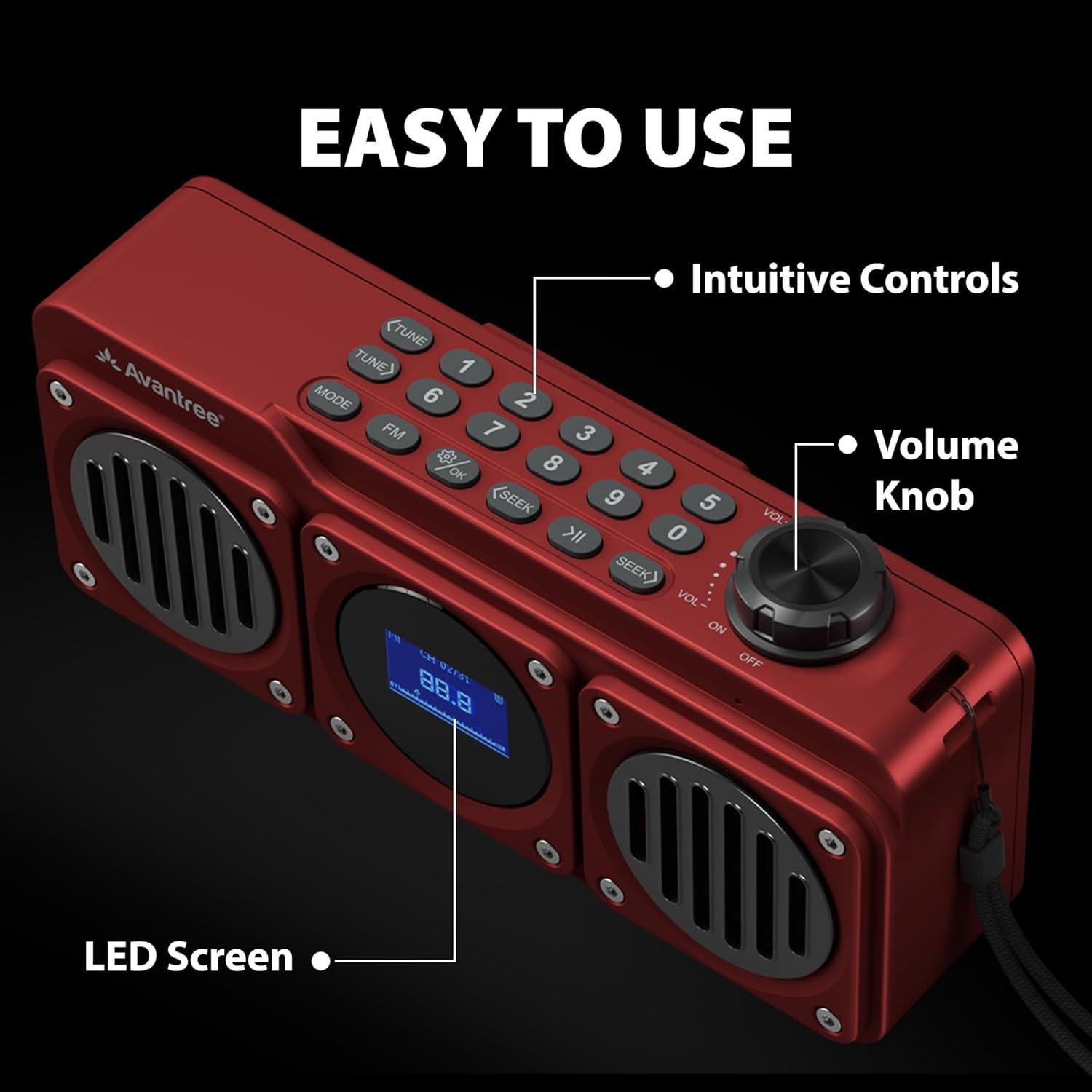 Avantree Boombyte - Radio FM portátil Bluetooth 4 en 1 Rojo