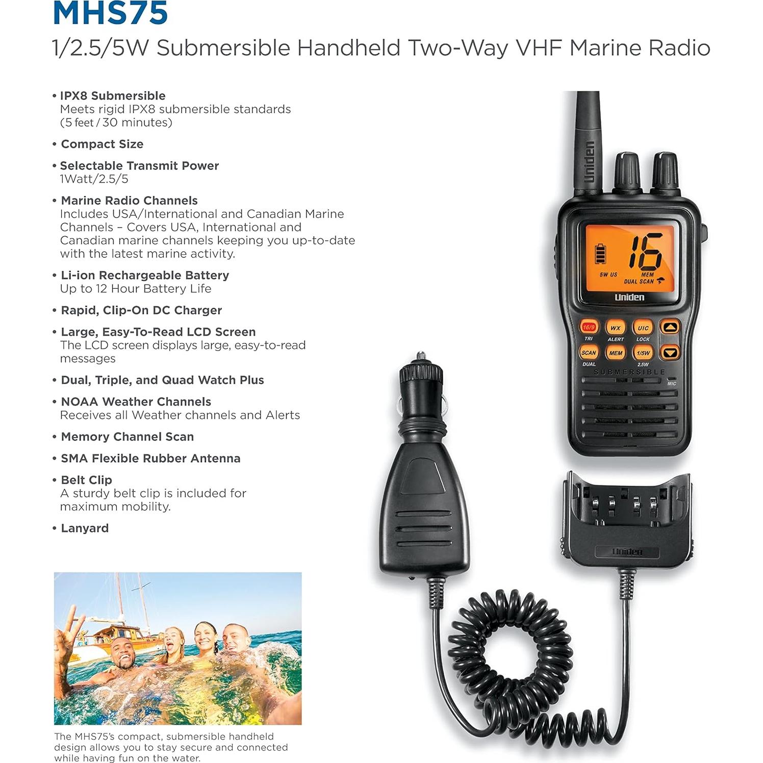 Radio Marina Portátil Uniden MHS75 Sumergible VHF 5W