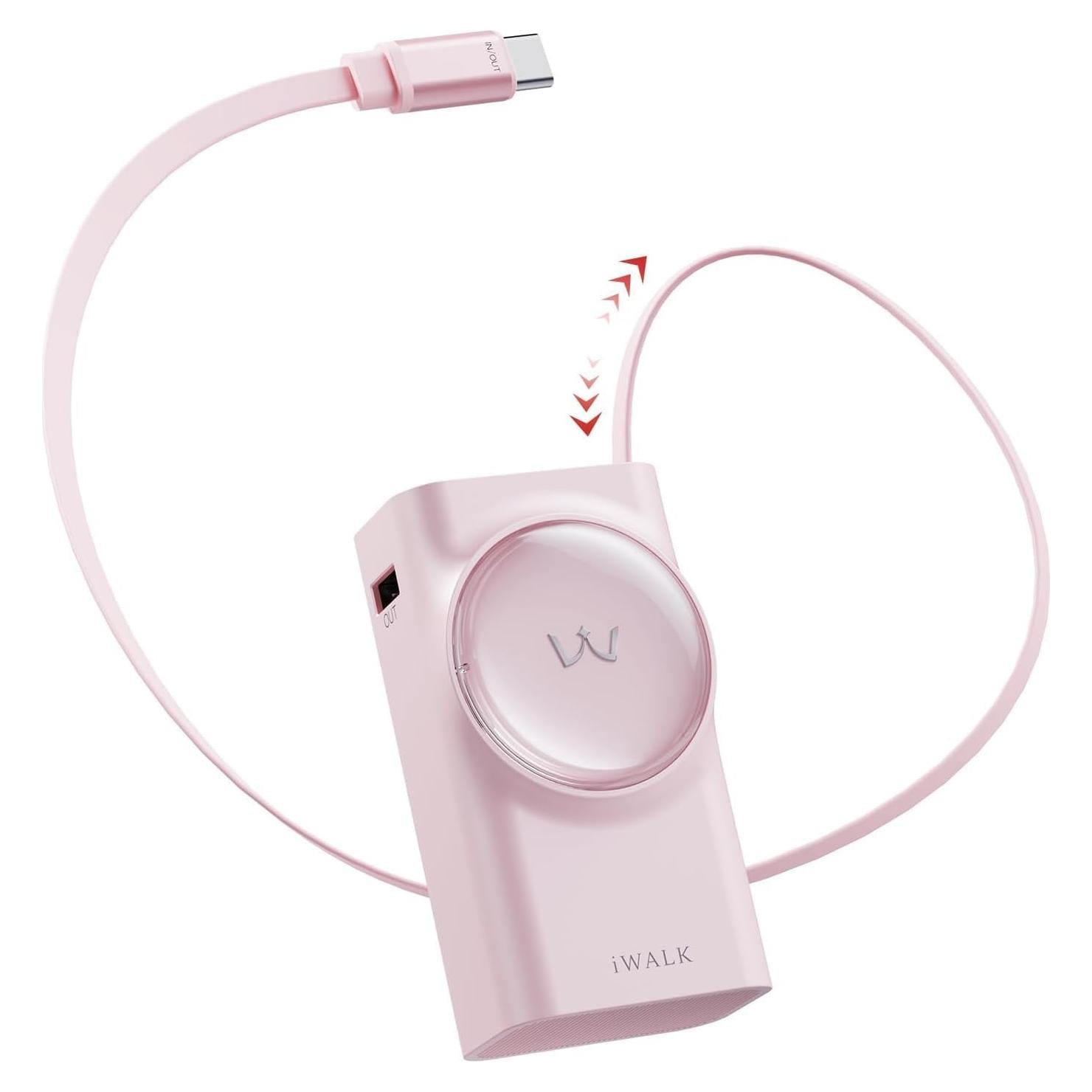 Cargador Portátil iWALK 10,000mAh 30W Rosa con Cable Retráctil