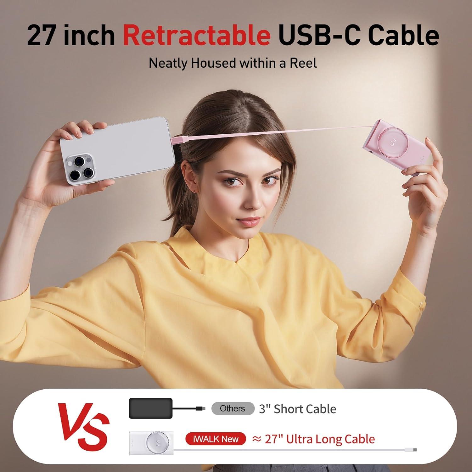 Cargador Portátil iWALK 10,000mAh 30W Rosa con Cable Retráctil