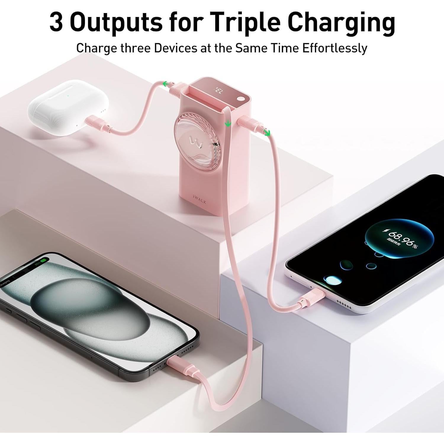 Cargador Portátil iWALK 10,000mAh 30W Rosa con Cable Retráctil