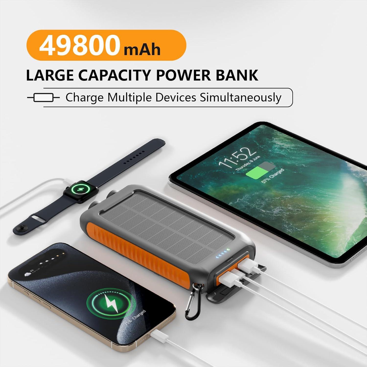 Solar Charger Power Bank 49800mAh,Portable Solar Phone Charger with 2 USB-A，1 Type-C Interface，15W Fast Charging for iPhone Samsung Etc,Portable Battery Charger with Dual Flashlight for Camping