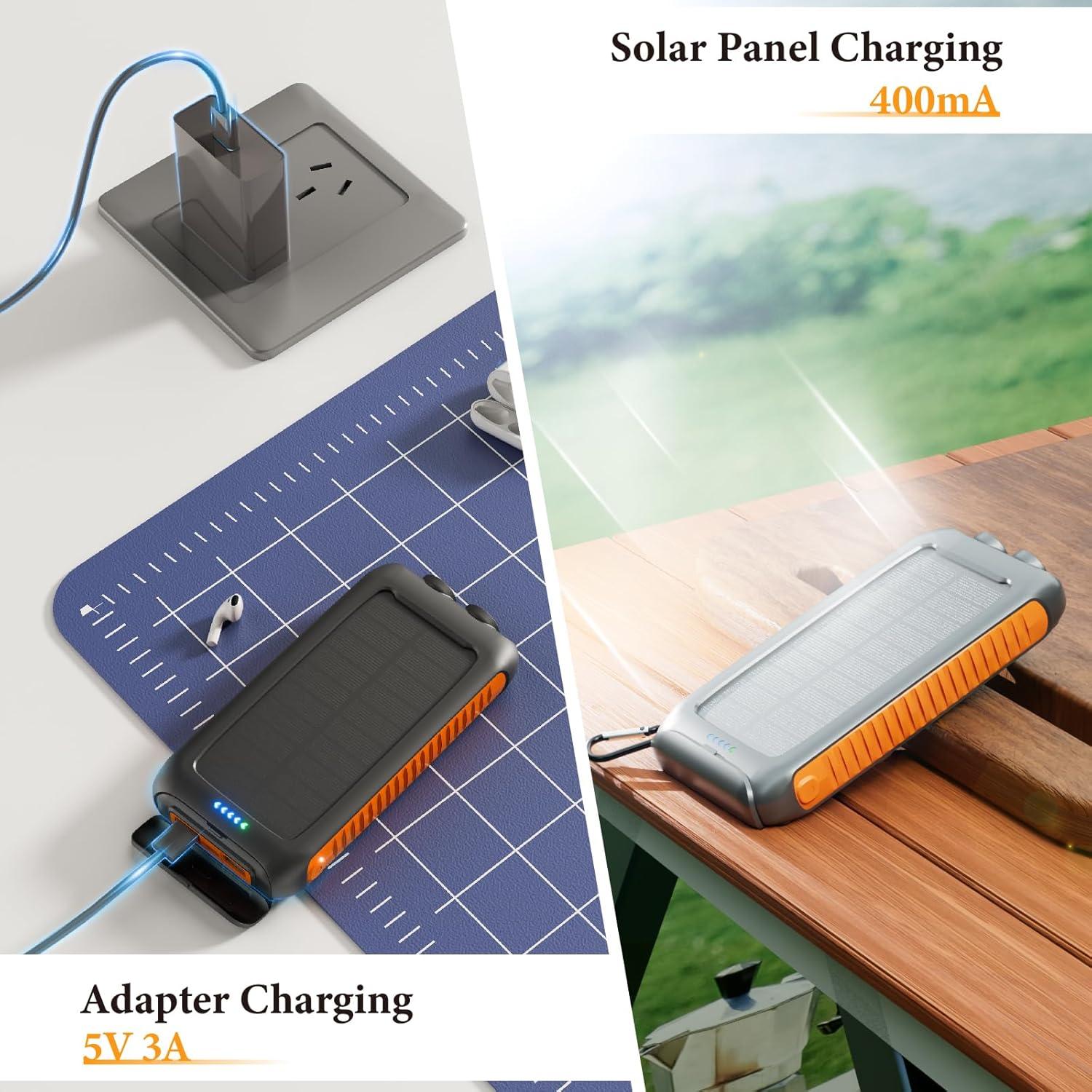 Solar Charger Power Bank 49800mAh,Portable Solar Phone Charger with 2 USB-A，1 Type-C Interface，15W Fast Charging for iPhone Samsung Etc,Portable Battery Charger with Dual Flashlight for Camping