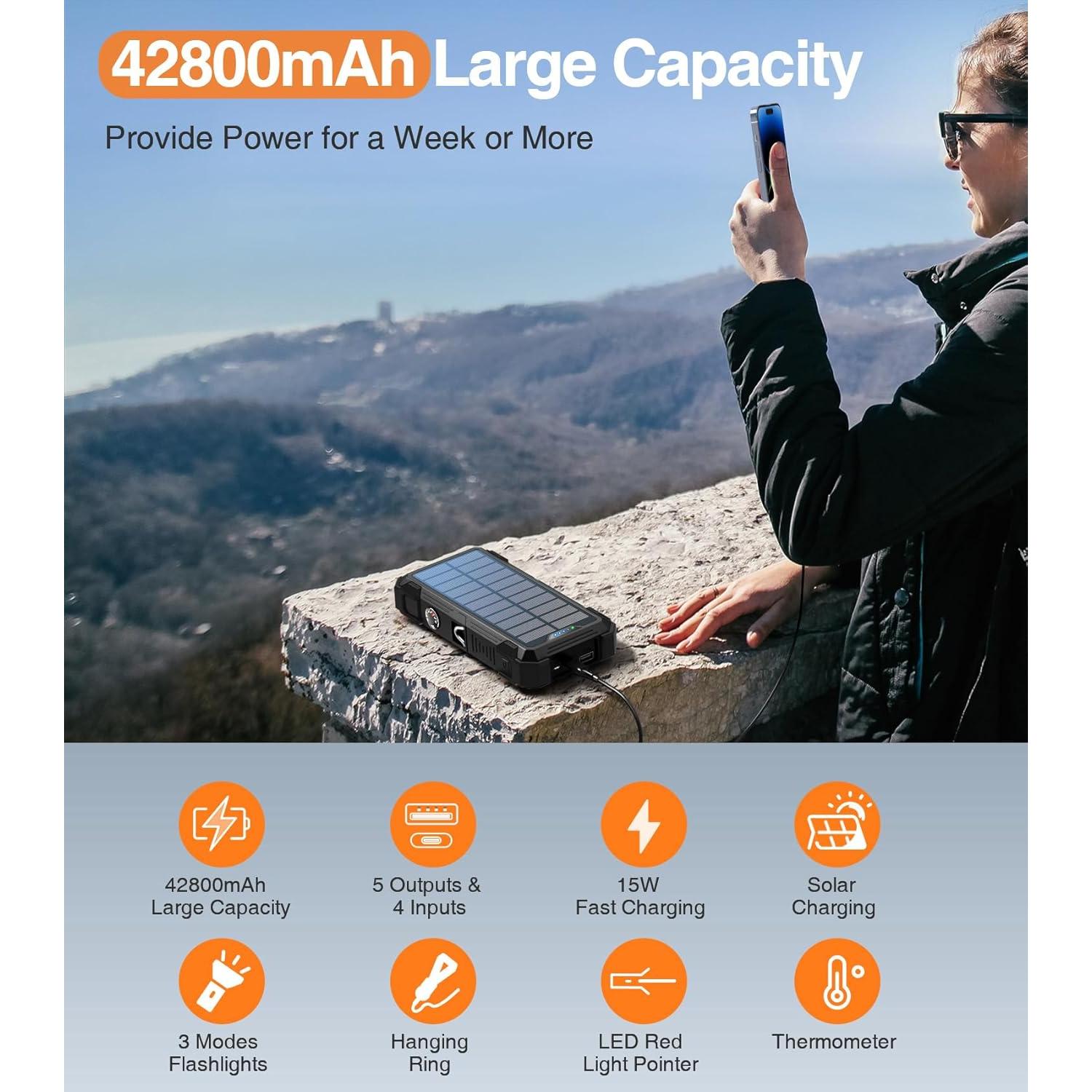 Banco de Energía Solar 42800mAh Cargador Inalámbrico 15W