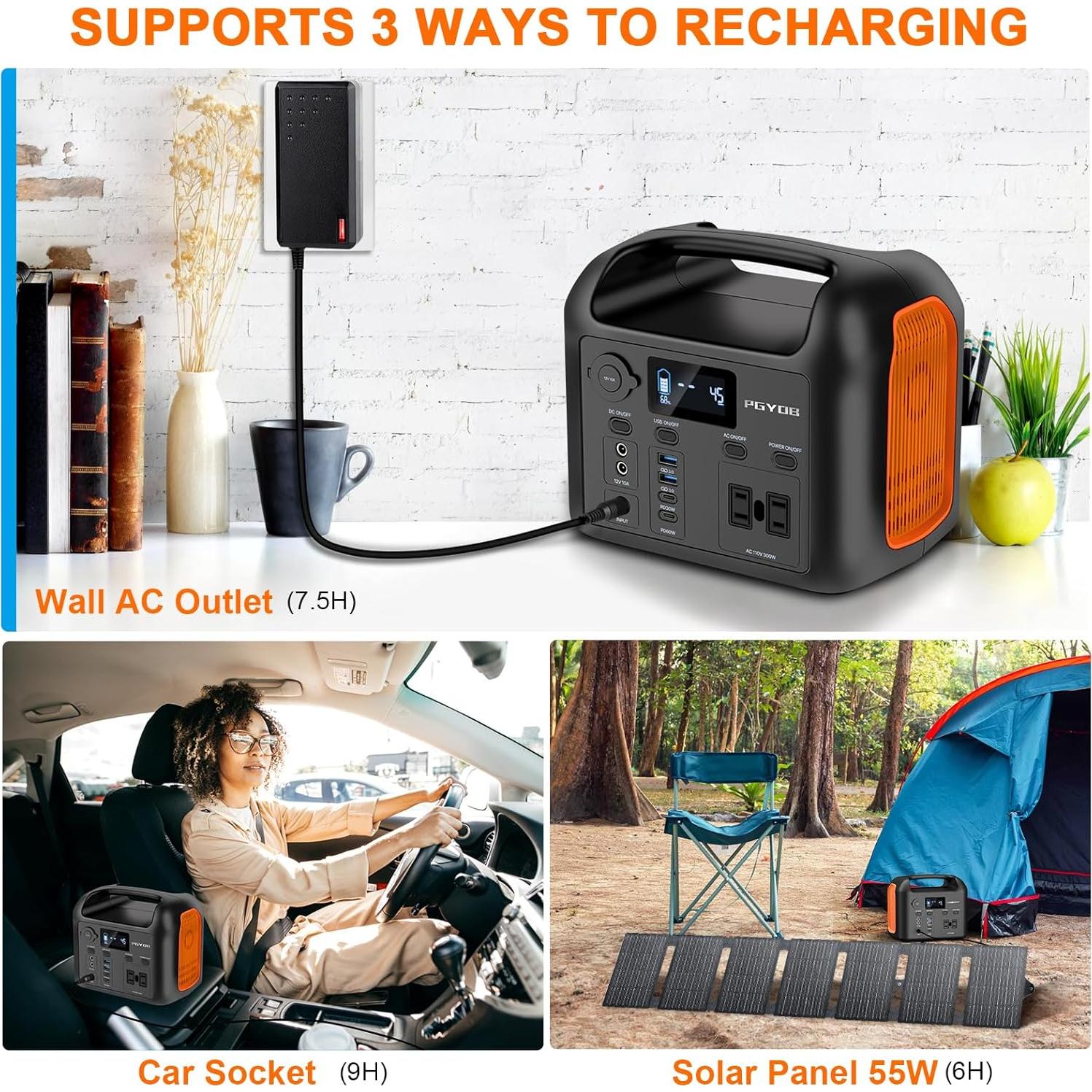 Estación de Energía Portátil PGYOB R300 300W con Panel Solar 55W