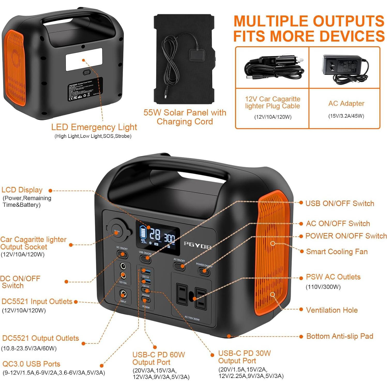 Estación de Energía Portátil PGYOB R300 300W con Panel Solar 55W