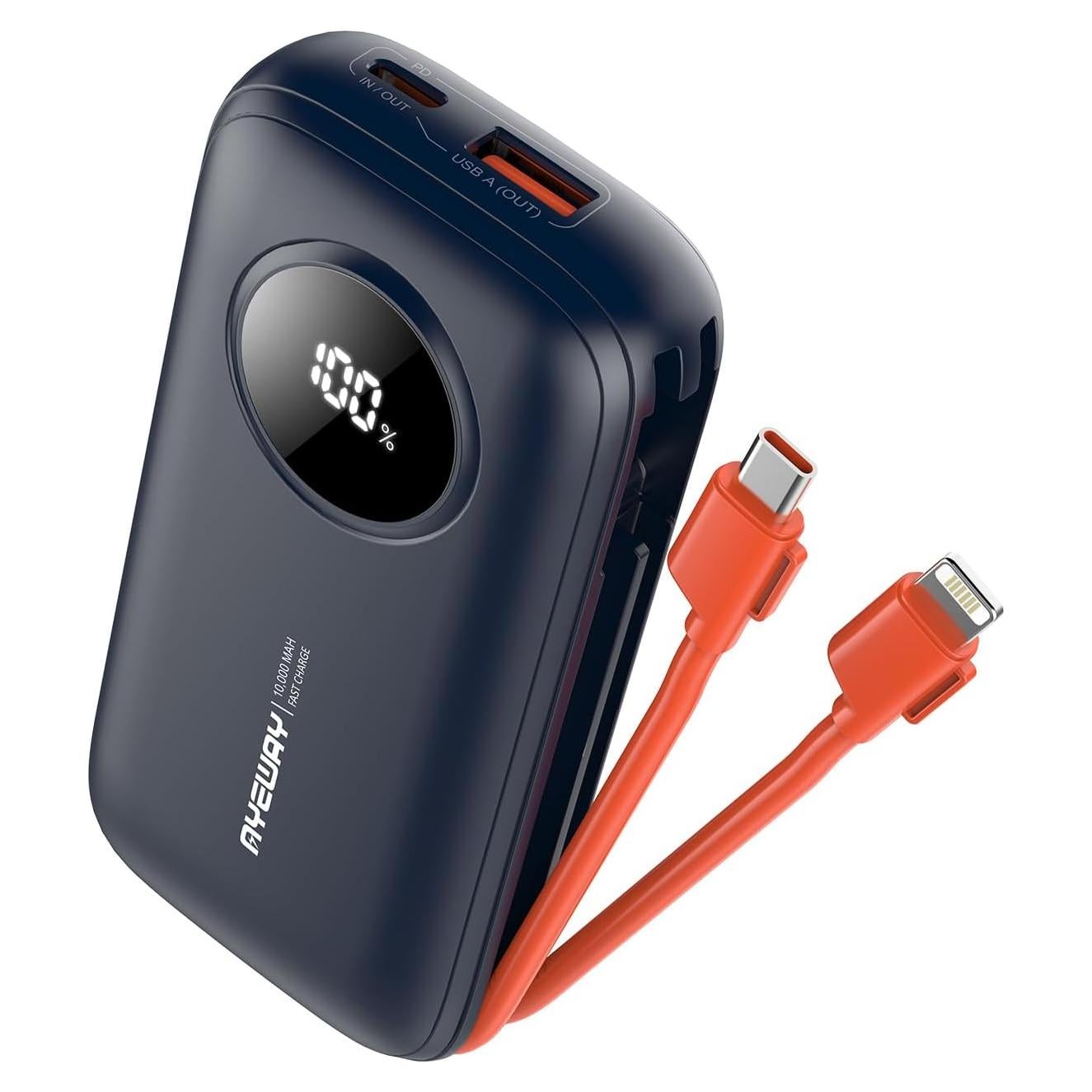 Batería Portátil AYWAY 10,000mAh USB C con Cables Integrados