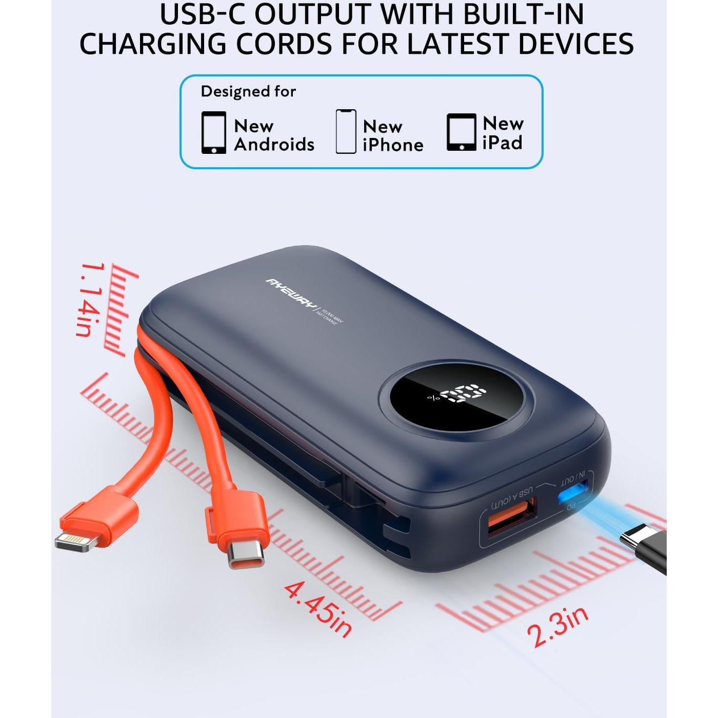 Batería Portátil AYWAY 10,000mAh USB C con Cables Integrados