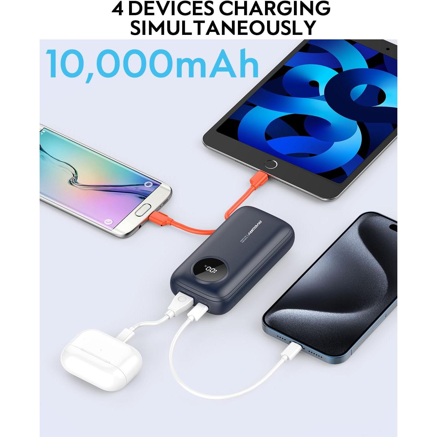 Batería Portátil AYWAY 10,000mAh USB C con Cables Integrados