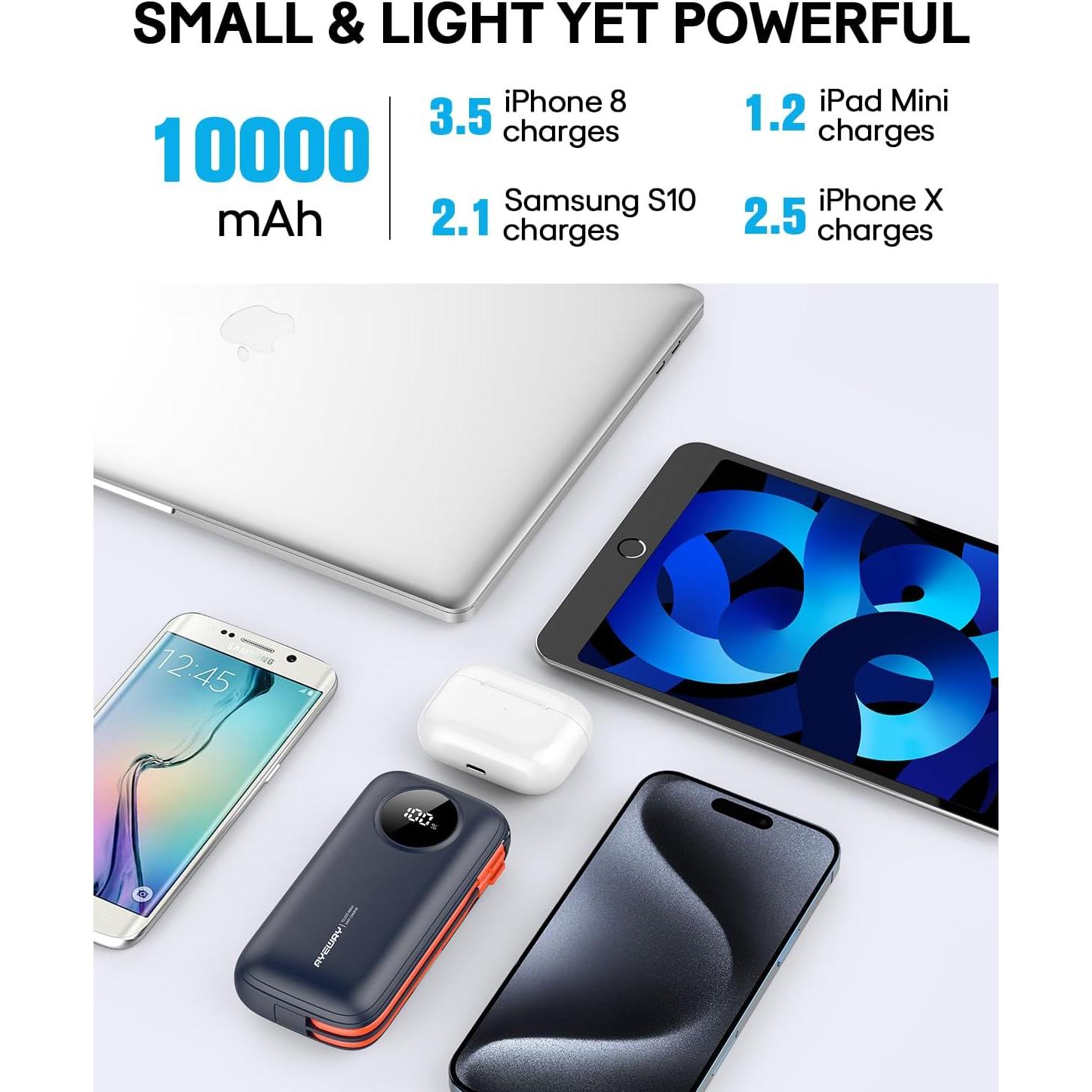 Batería Portátil AYWAY 10,000mAh USB C con Cables Integrados