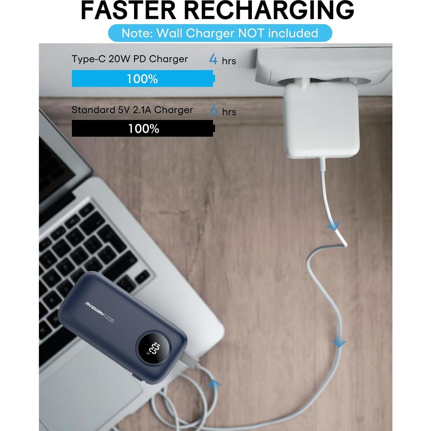 Batería Portátil AYWAY 10,000mAh USB C con Cables Integrados