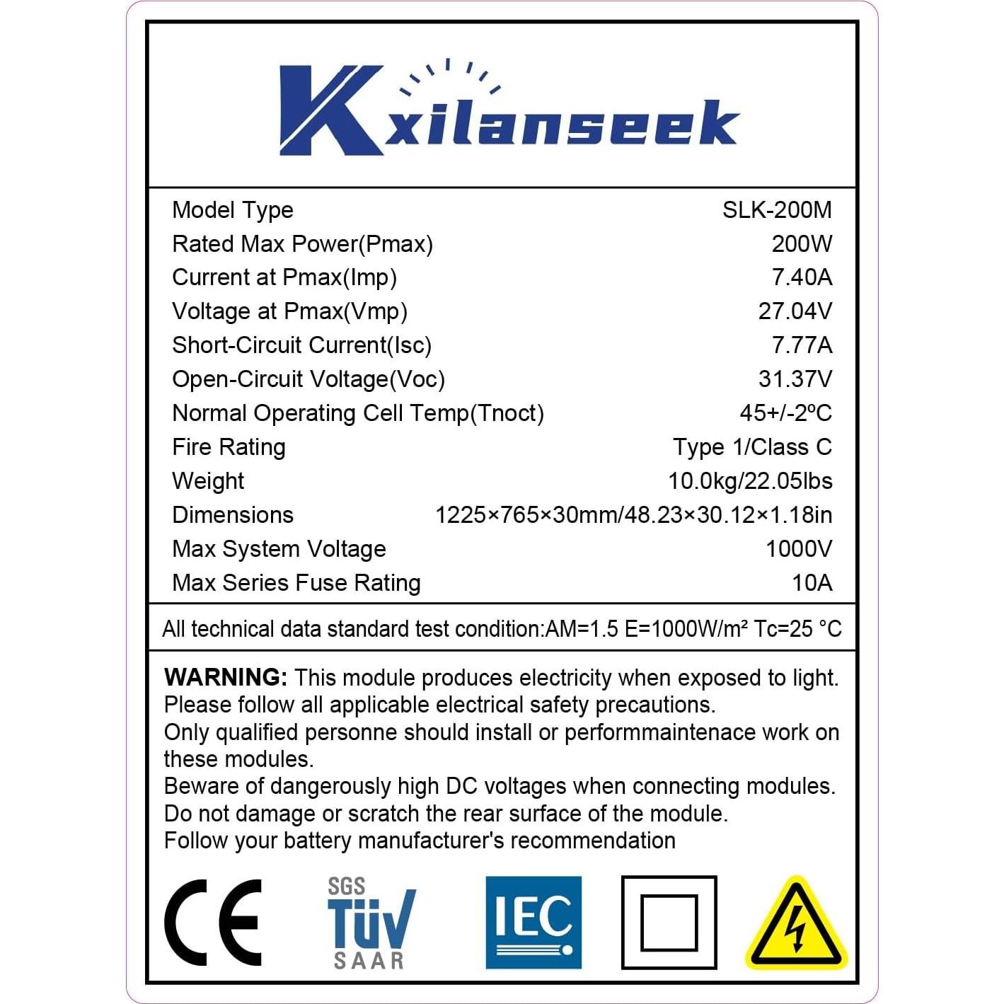 Panel Solar Monocristalino N-Type 200W Xilanseek Alta Eficiencia