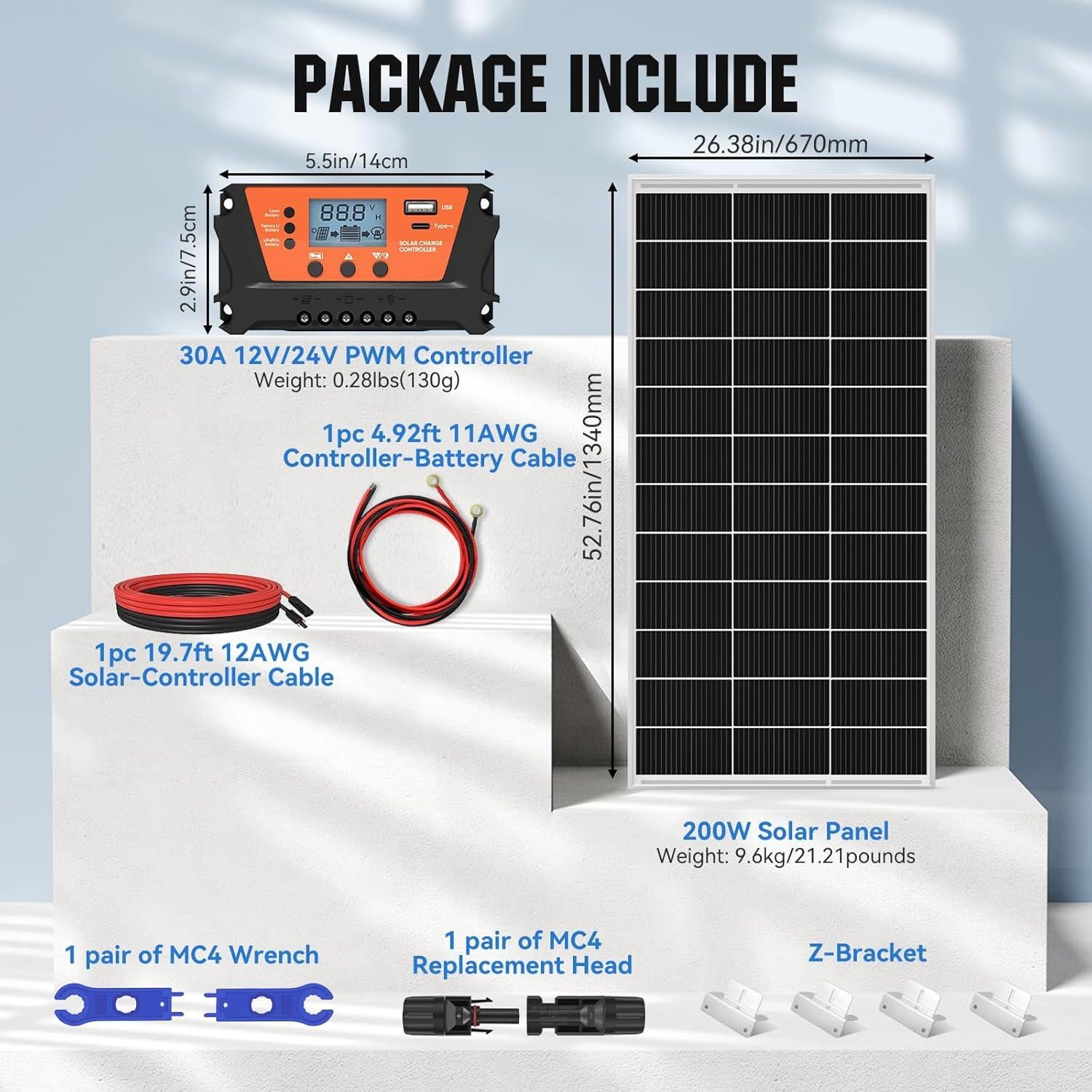 Kit Solar 200W Rvpozwer Monocristalino 25% Eficiencia Completo