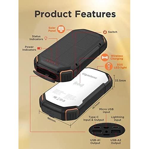 Banco de Energía Solar Gigastone 20000mAh Cargador Portátil