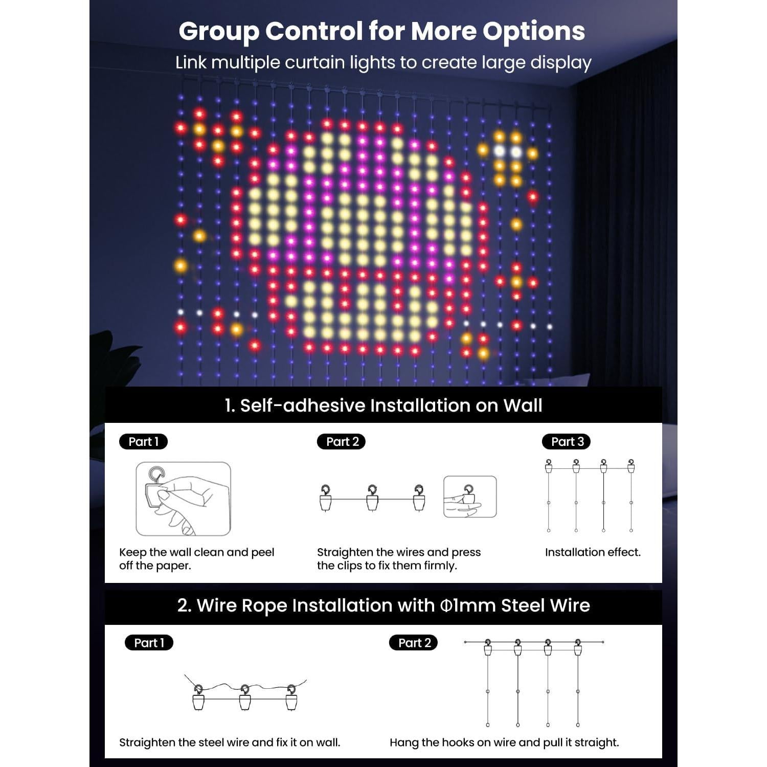 Luces de Cortina LED Inteligentes 1x1m 400 LEDs RGBIC