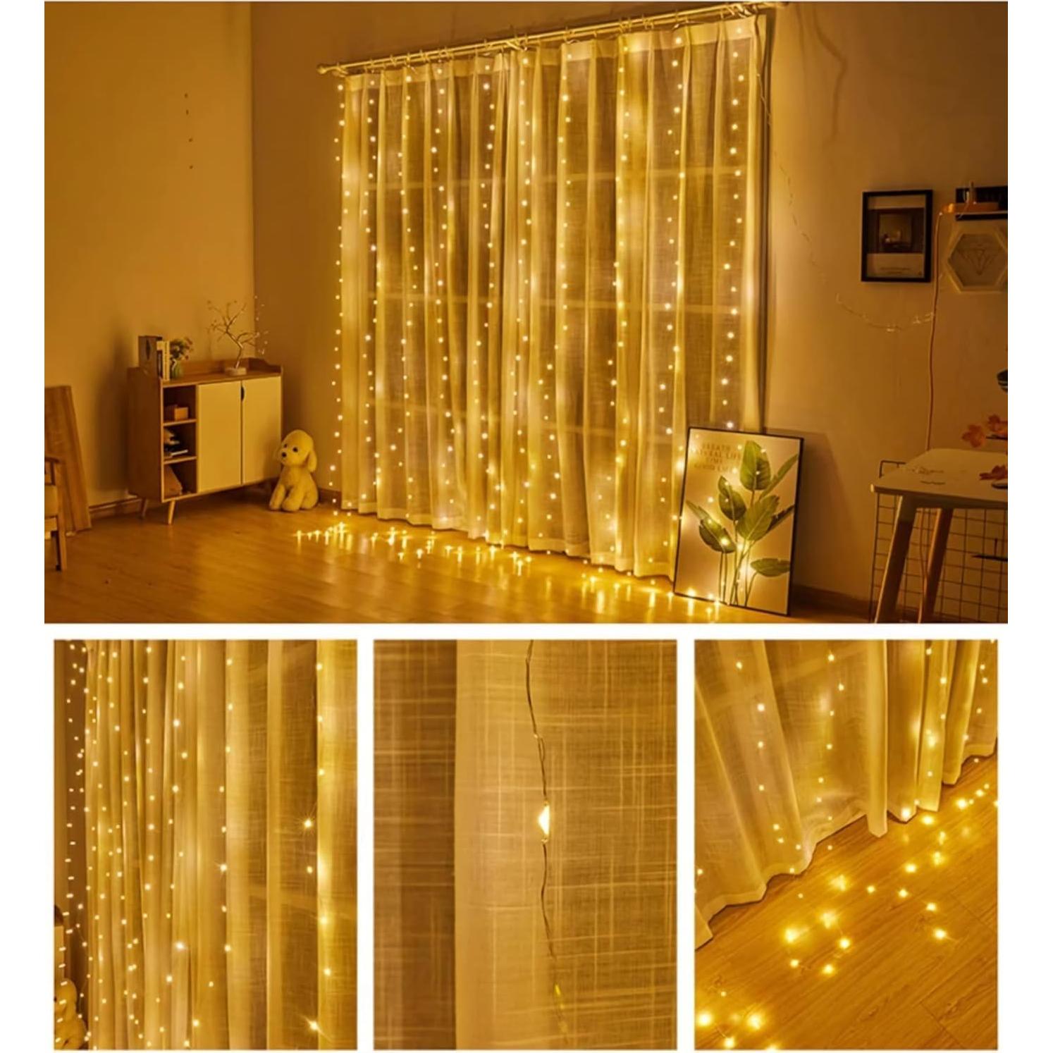 Luces de Cortina LED 3x3m ANUONER 300 LEDs USB Blanco Cálido