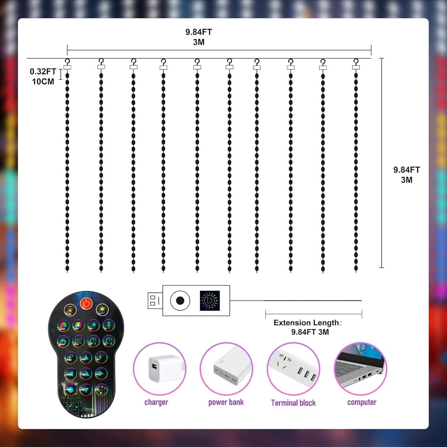 Luces de Cortina Inteligentes HXWEIYE 400LEDs 2m x 2m USB Multicolor