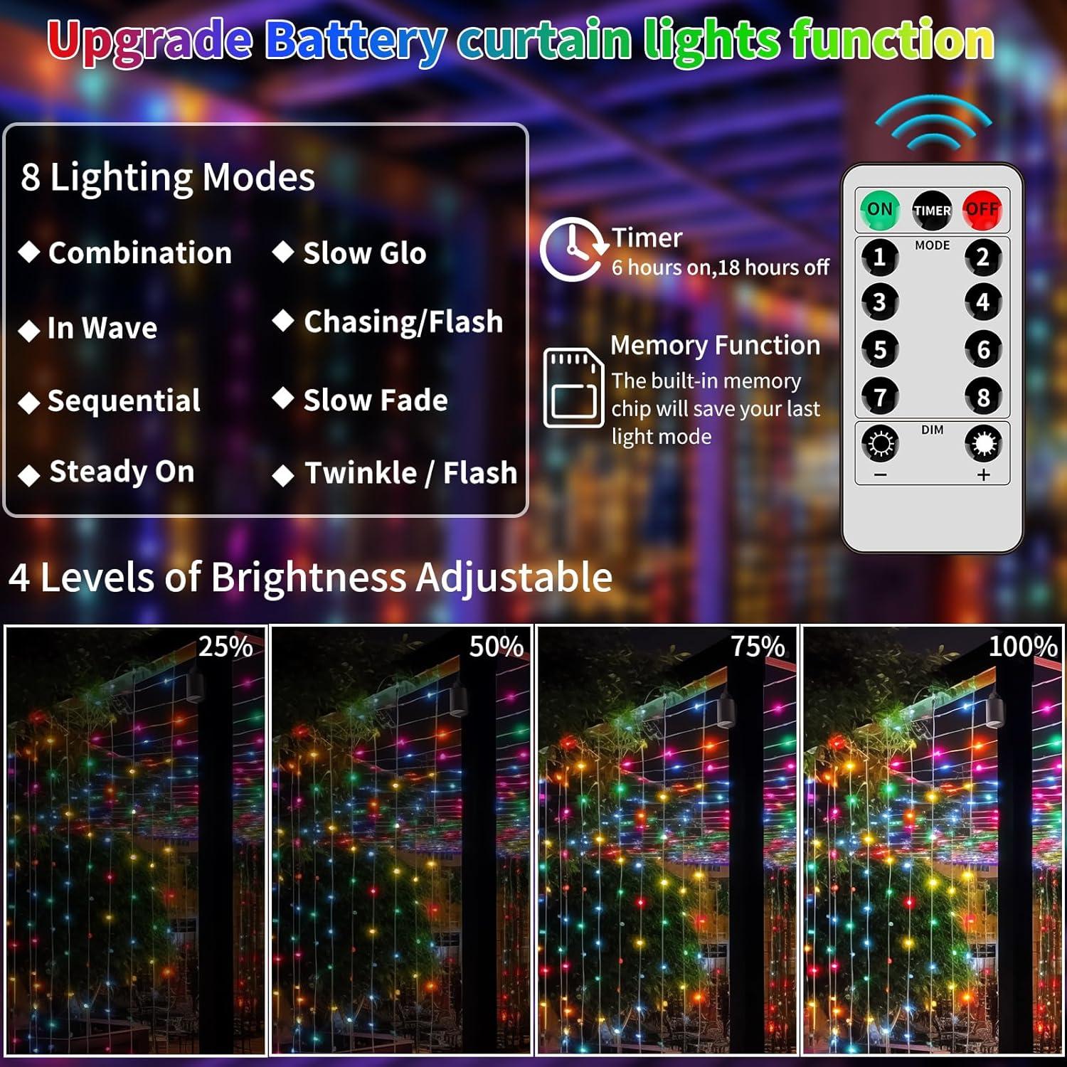 Luces de Cortina LED 300 Multicolor RCNDJE 3x3m Batería