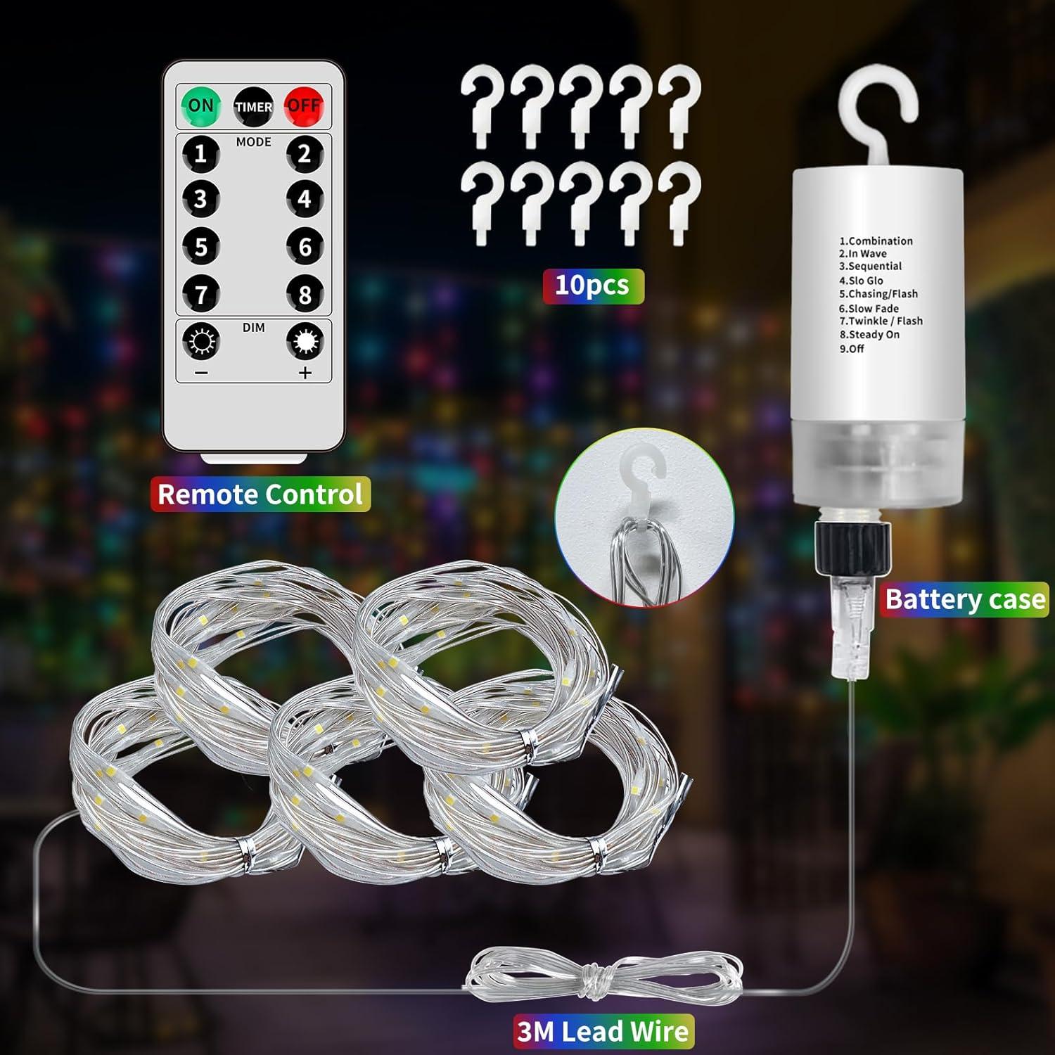 Luces de Cortina LED 300 Multicolor RCNDJE 3x3m Batería