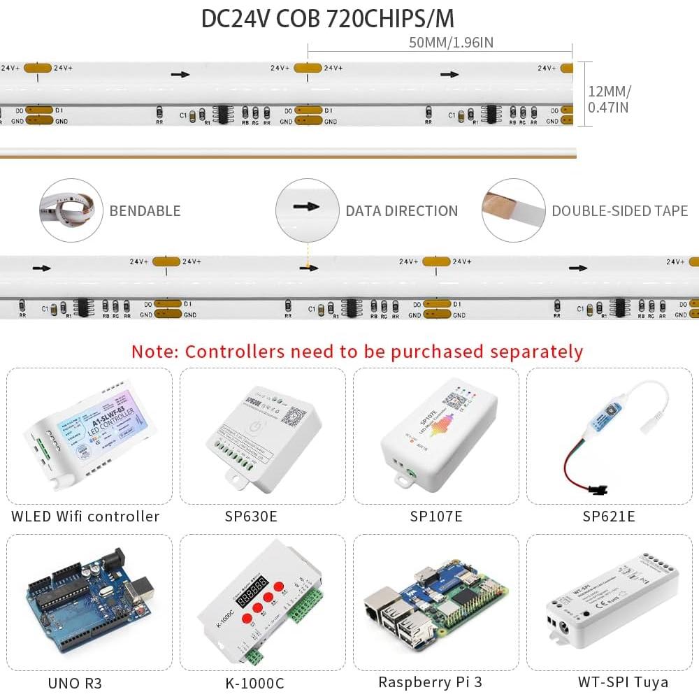 Tira LED COB RGB IC WS2811 2M 720LED/m DC24V Flexible