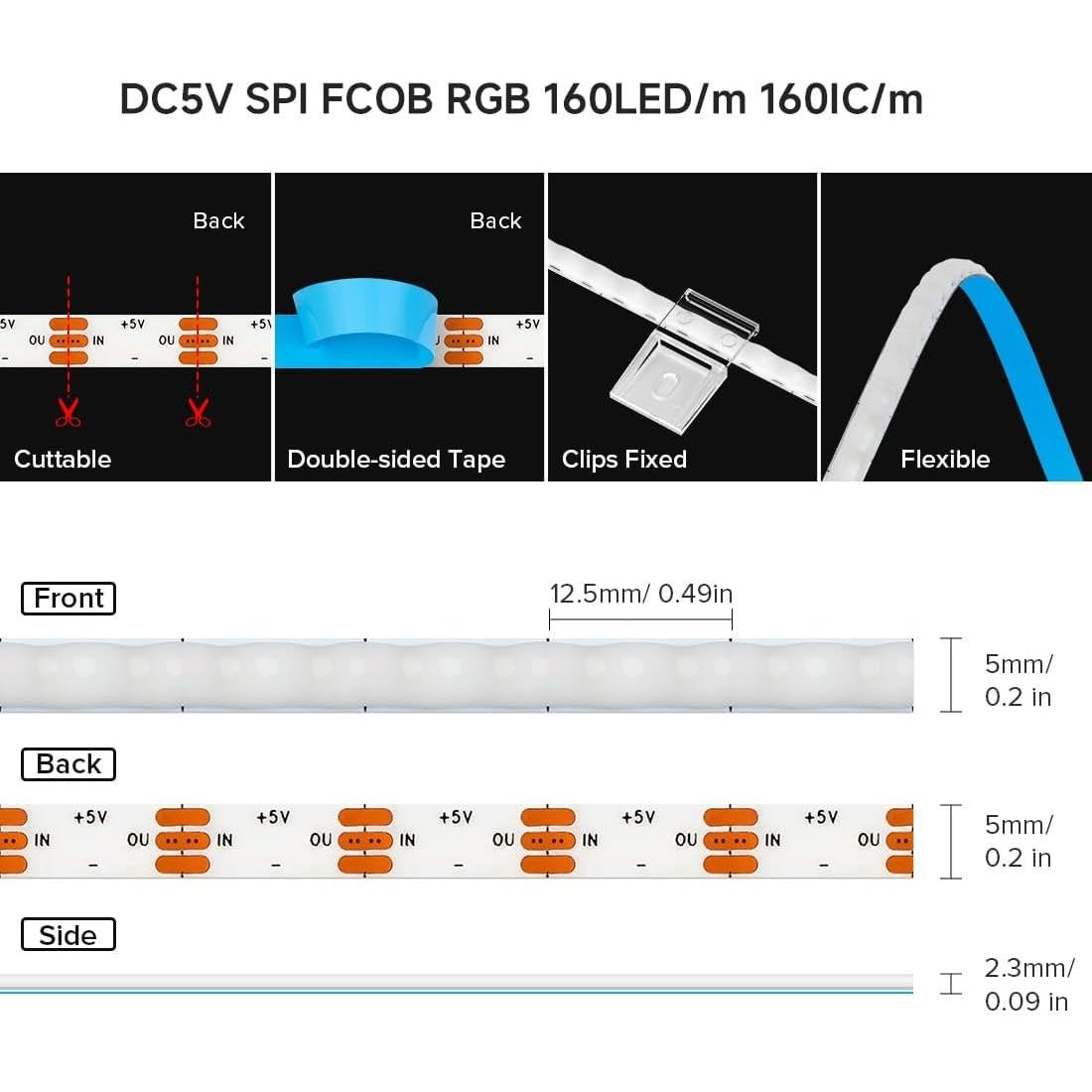 Tira LED WS2812B 2m 320 LEDs/m RGB 5V para Decoración